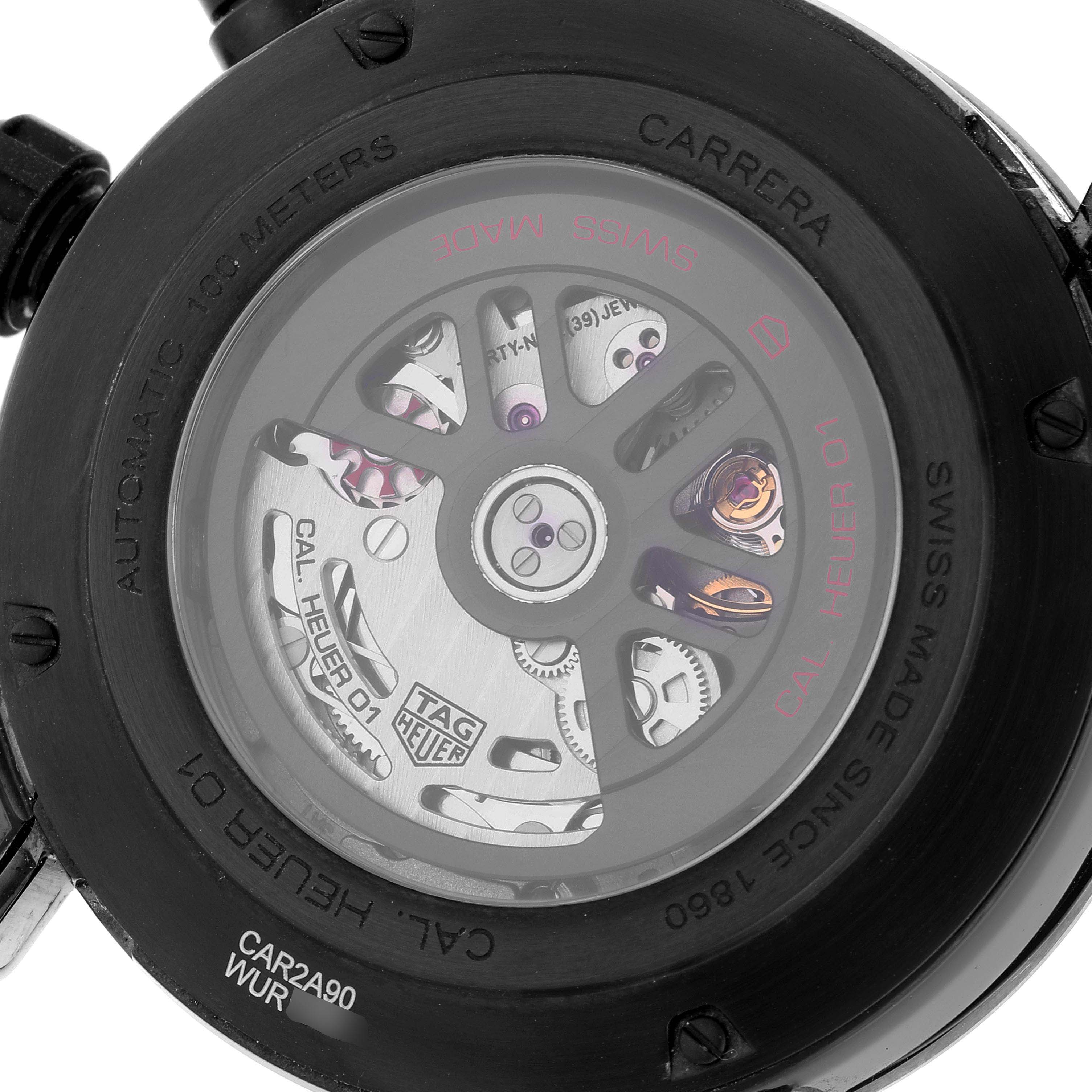 The image shows the back view of the Tag Heuer Carrera CAR2A90.FT6071 Men's Stainless Steel Black Dial CAR2A90.FT6071 Men's Stainless Steel Black Dial watch, displaying its automatic movement and internal mechanisms.