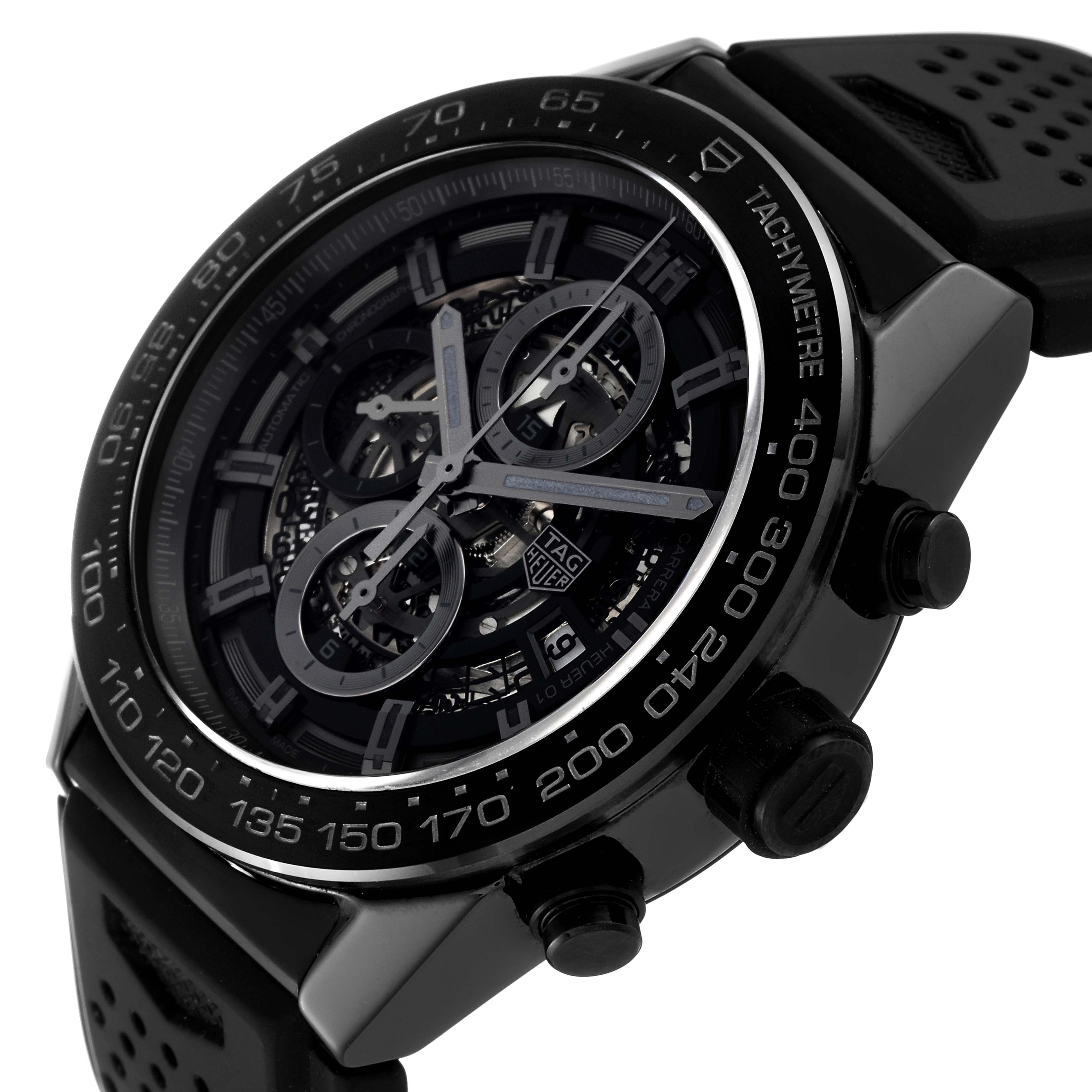 The image shows a close-up side view of the Tag Heuer Carrera CAR2A90.FT6071 Men's Stainless Steel Black Dial CAR2A90.FT6071 Men's Stainless Steel Black Dial watch, highlighting its face, bezel, and push buttons.