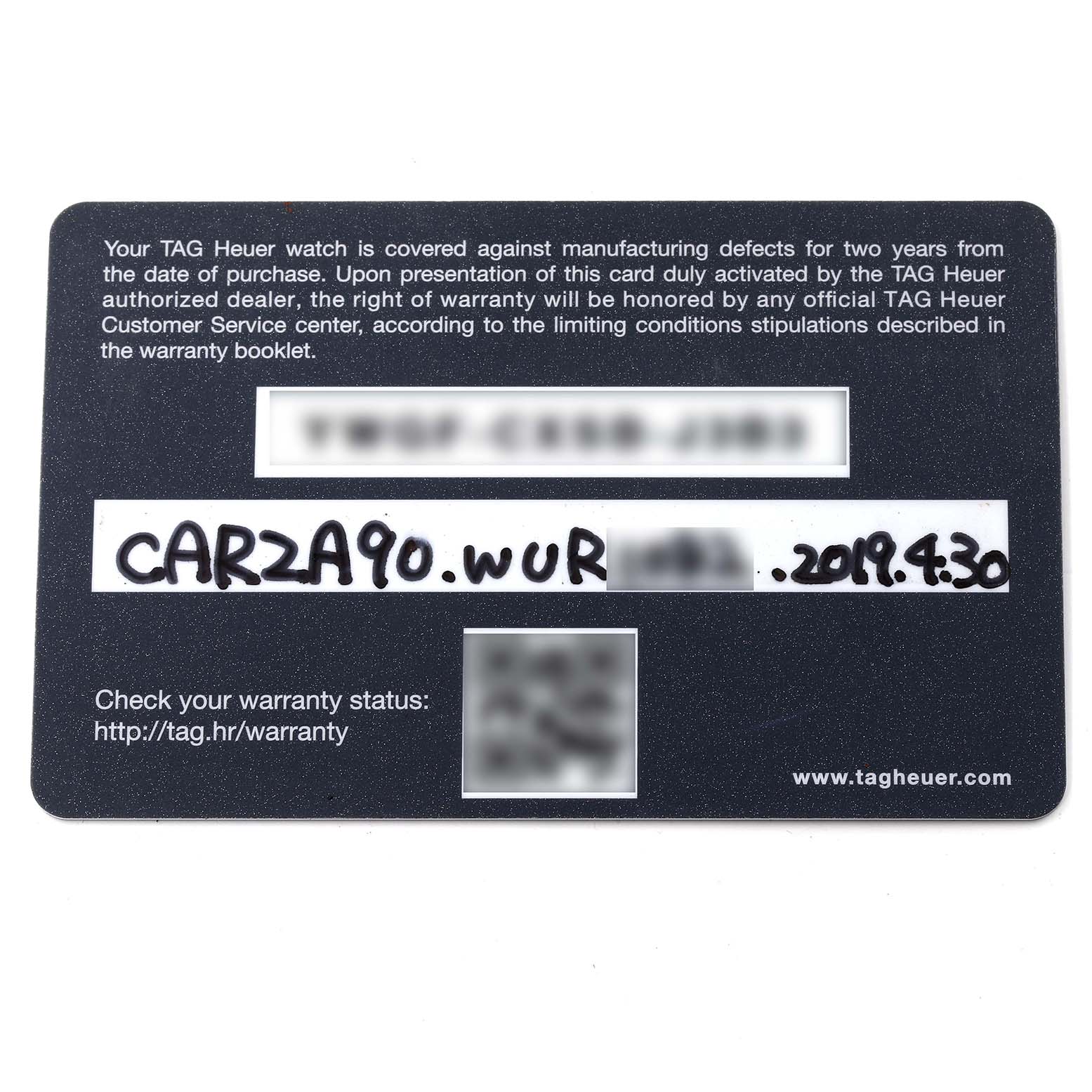 The image shows a warranty card for a Tag Heuer Carrera CAR2A90.FT6071 Men's Stainless Steel Black Dial CAR2A90.FT6071 Men's Stainless Steel Black Dial model watch, with warranty details and a URL for warranty status.