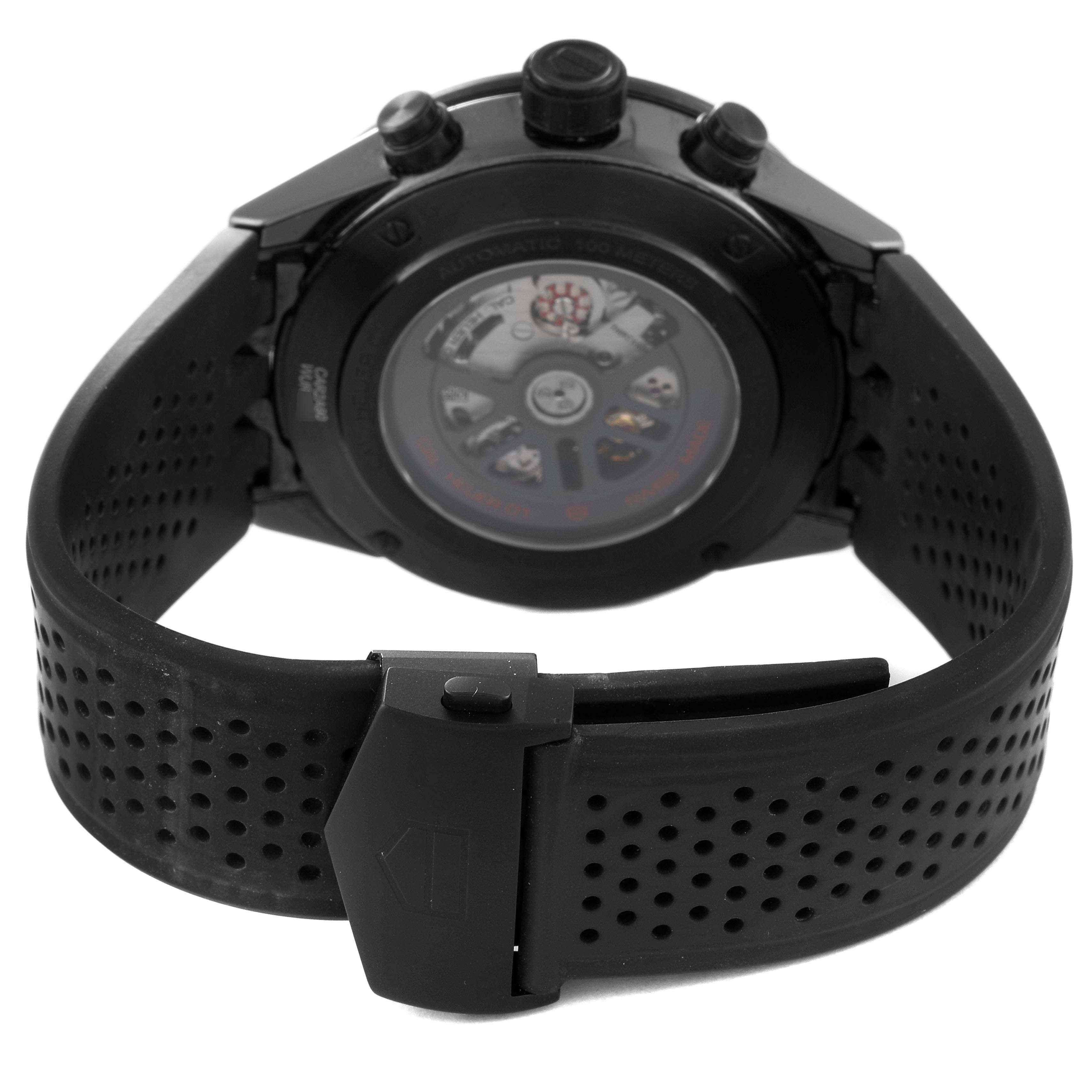 The image shows the back case and straps of the Tag Heuer Carrera CAR2A90.FT6071 Men's Stainless Steel Black Dial CAR2A90.FT6071 Men's Stainless Steel Black Dial watch from a rear angle.