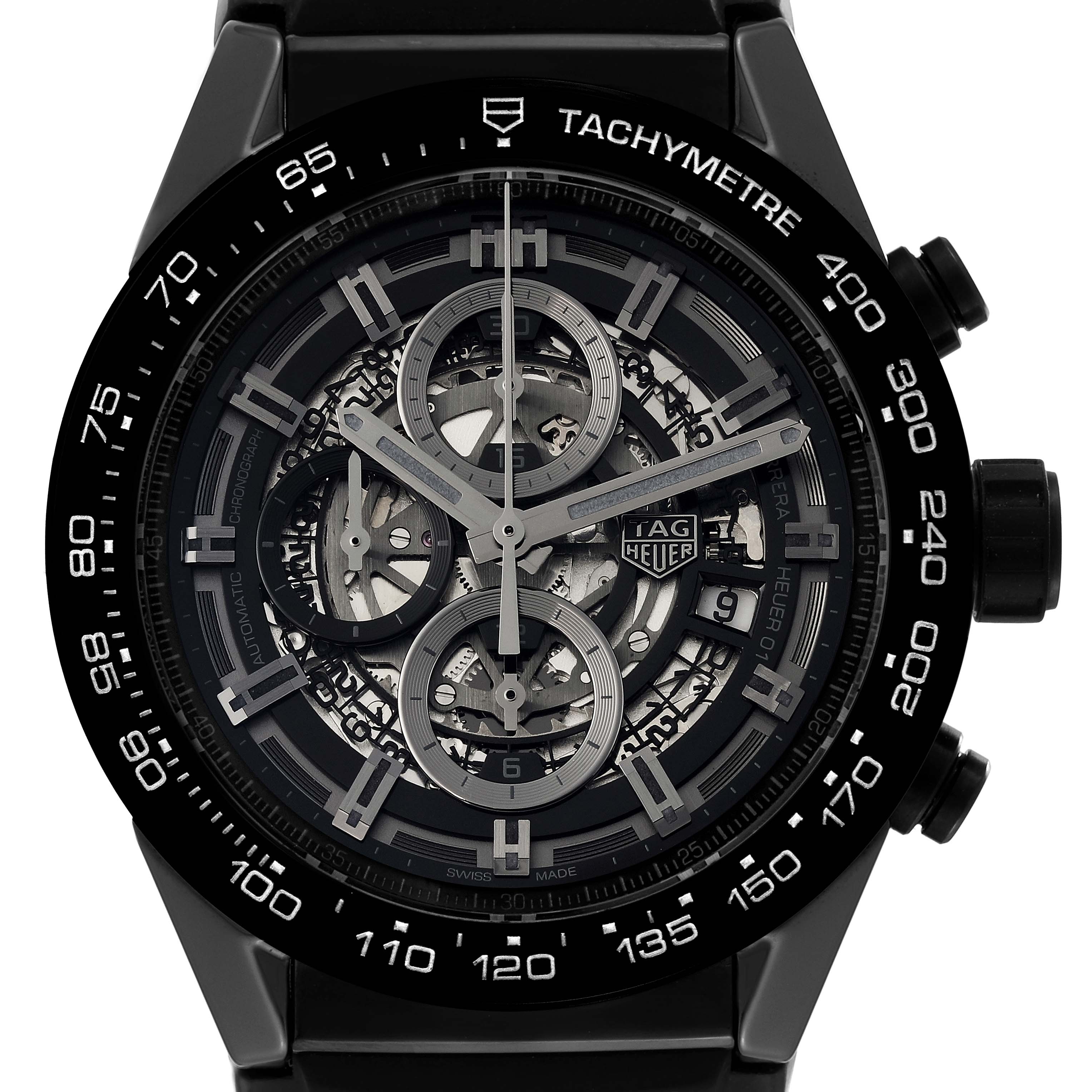 The image shows a frontal view of the Tag Heuer Carrera CAR2A90.FT6071 Men's Stainless Steel Black Dial CAR2A90.FT6071 Men's Stainless Steel Black Dial watch, highlighting its intricate dial and tachymeter bezel.