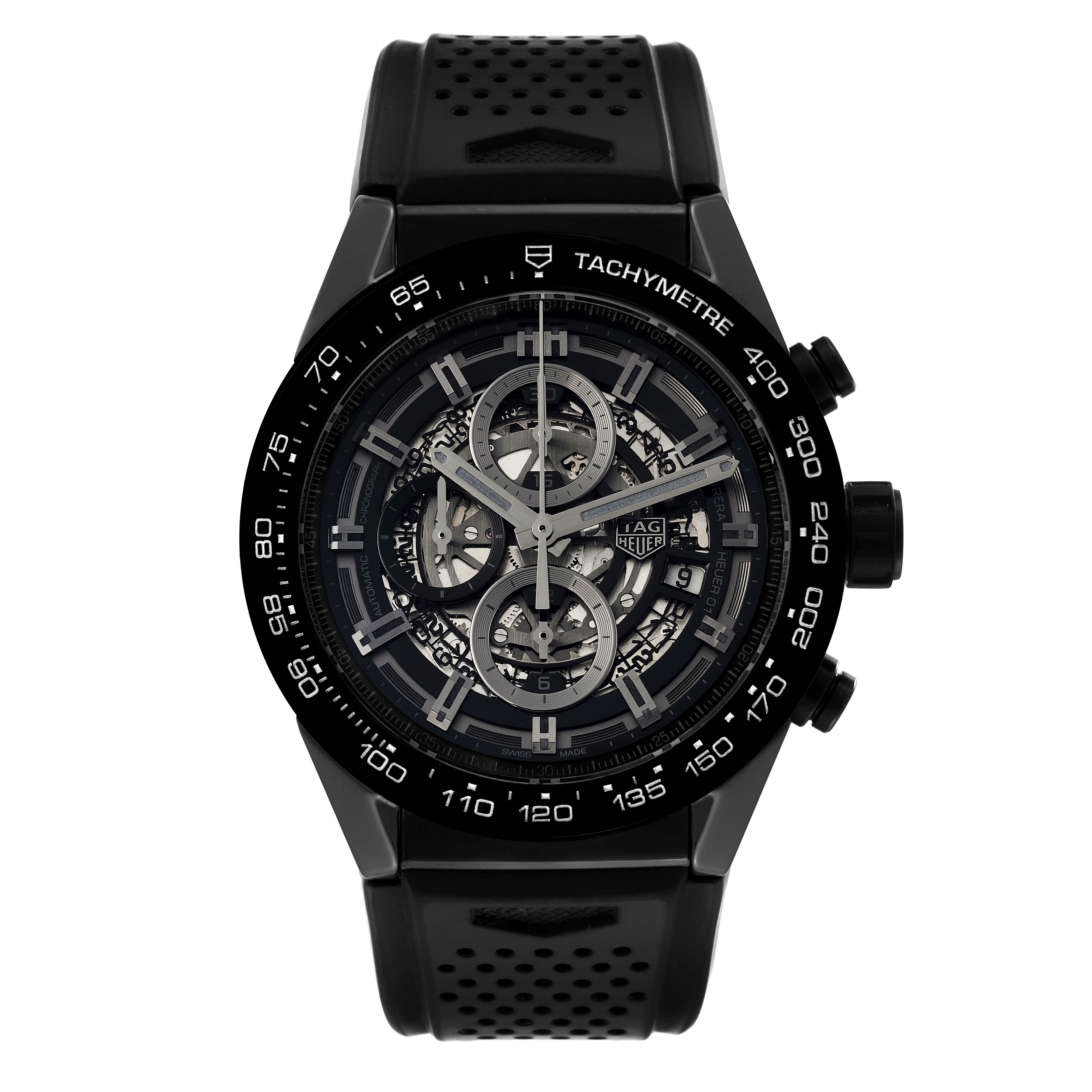 The image shows a frontal view of the Tag Heuer Carrera CAR2A90.FT6071 Men's Stainless Steel Black Dial CAR2A90.FT6071 Men's Stainless Steel Black Dial watch, displaying the dial, bezel, and black rubber strap.