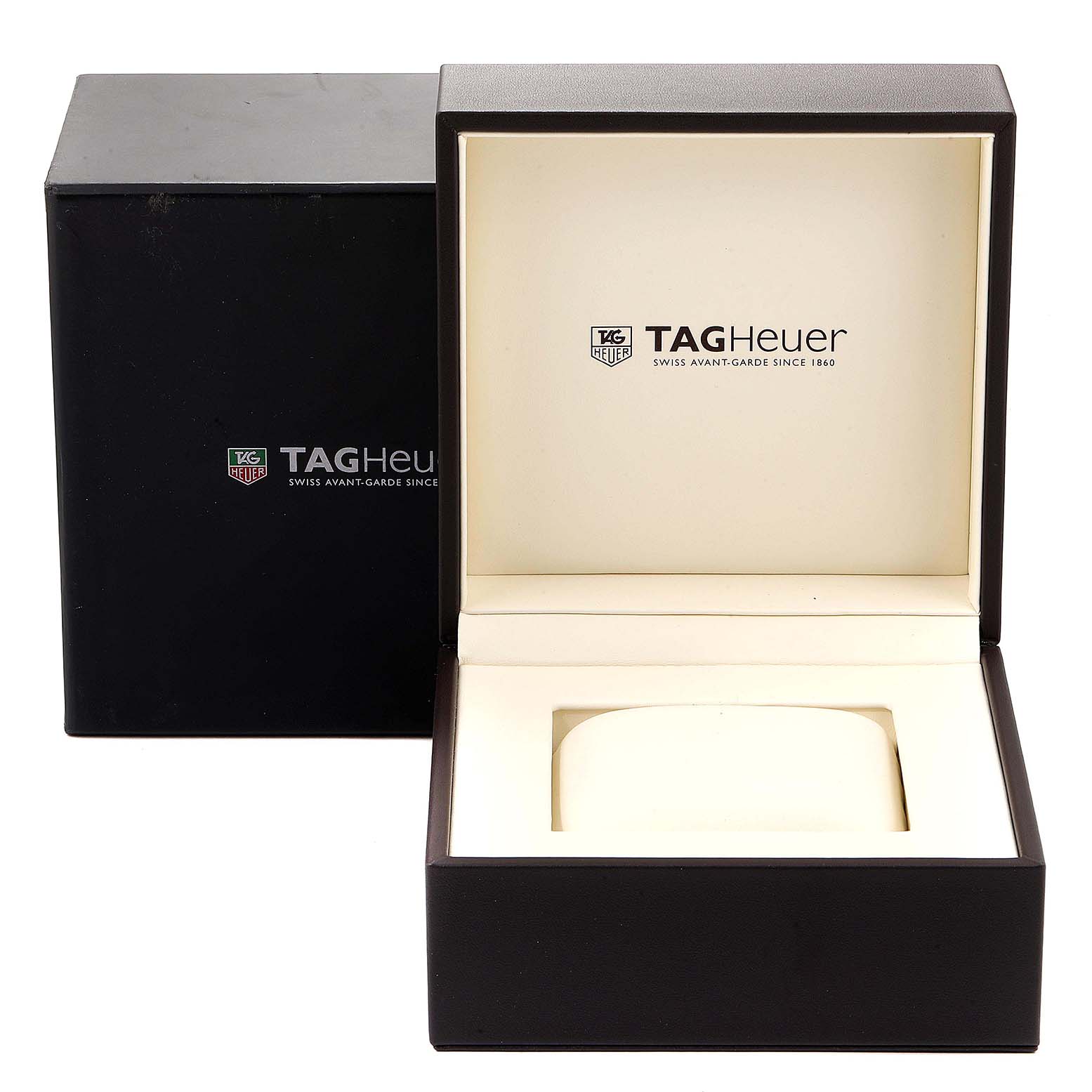 This image shows an open Tag Heuer Carrera CV2014.BA0794 Men
s Stainless Steel Black Dial CV2014.BA0794 Men
s Stainless Steel Black Dial watch box, angled slightly from the front.