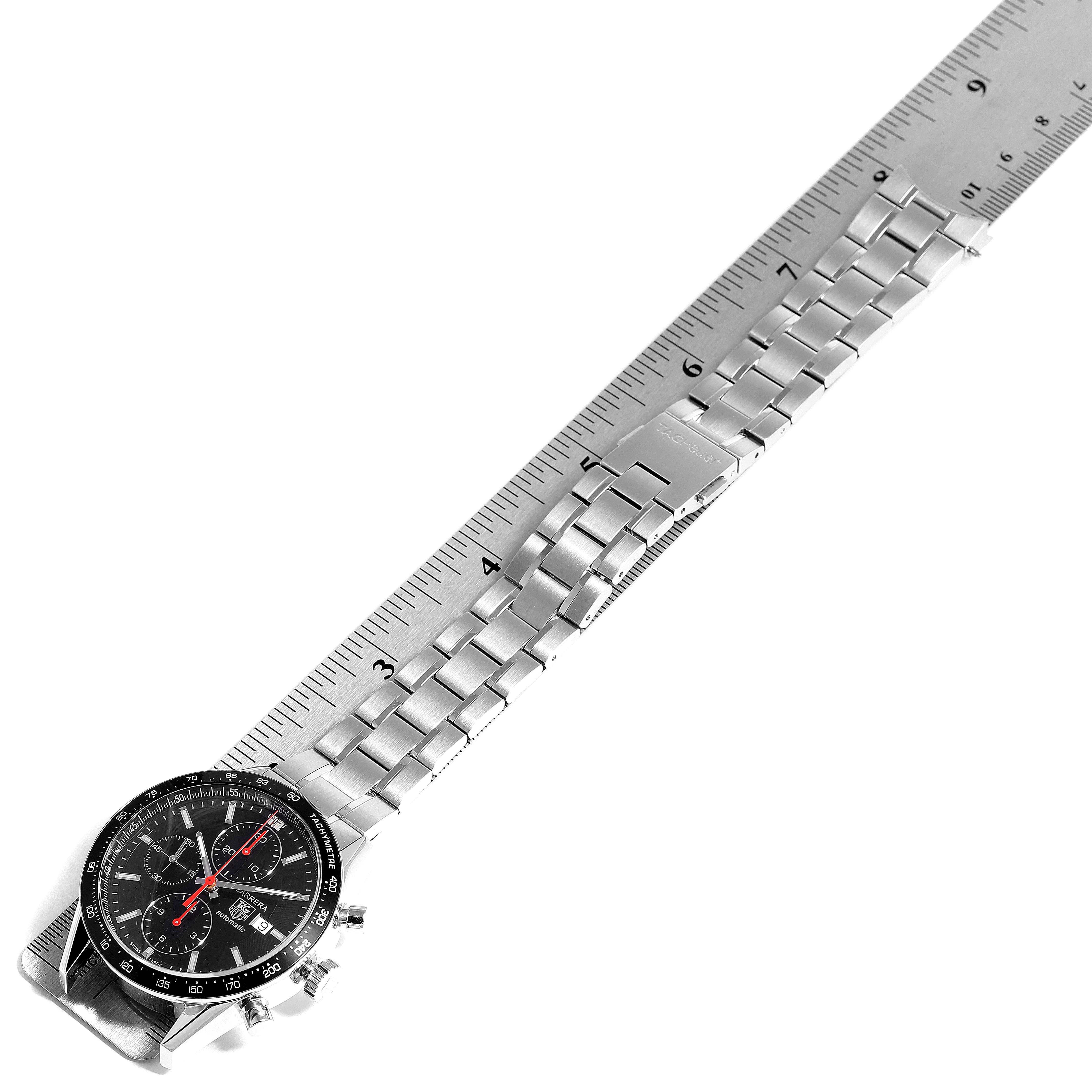 The image shows a Tag Heuer Carrera CV2014.BA0794 Men
s Stainless Steel Black Dial CV2014.BA0794 Men
s Stainless Steel Black Dial watch from an overhead angle, including the face, bezel, and metal bracelet band.