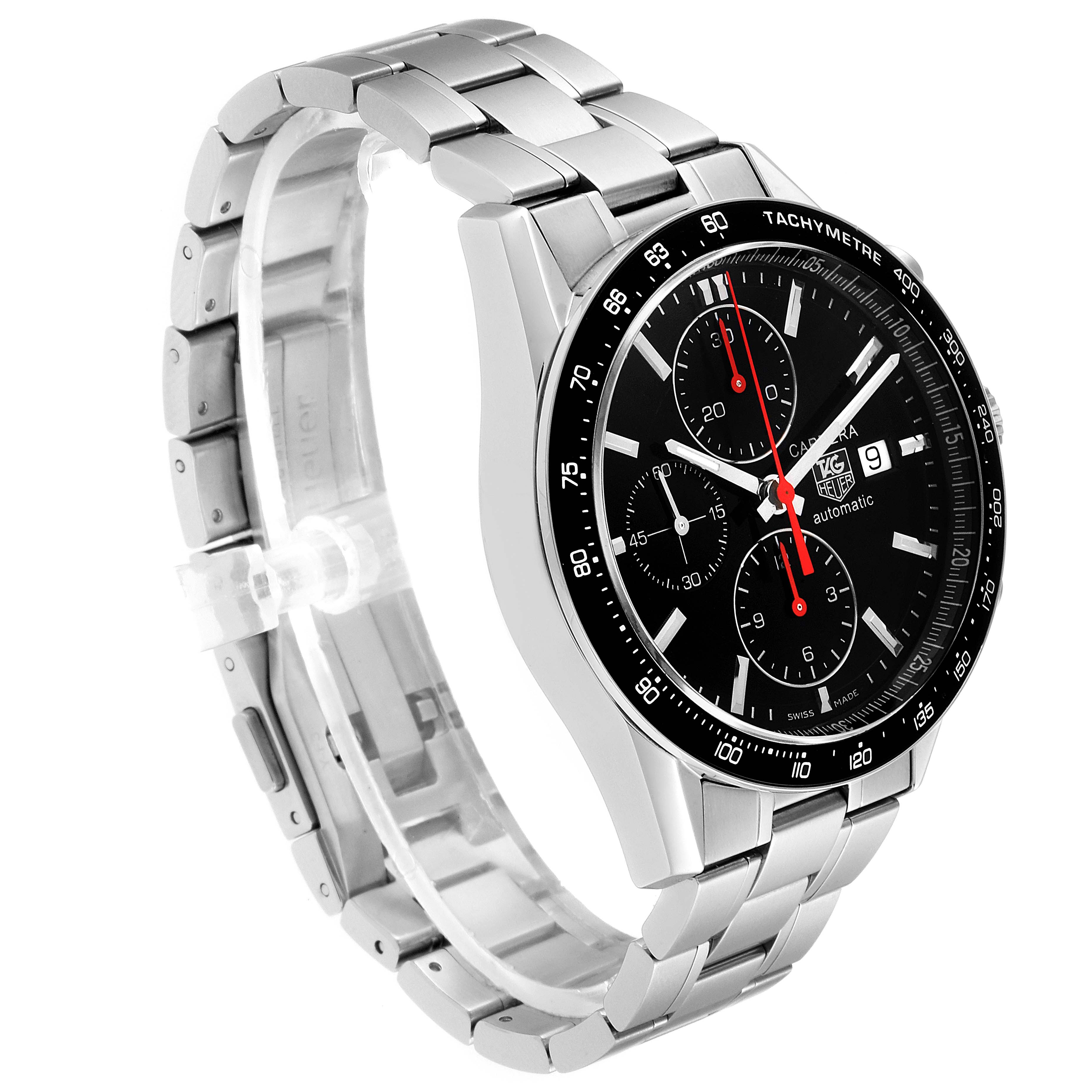 The image shows a Tag Heuer Carrera CV2014.BA0794 Men
s Stainless Steel Black Dial CV2014.BA0794 Men
s Stainless Steel Black Dial watch at an angled view displaying its face, bezel, and metal band.