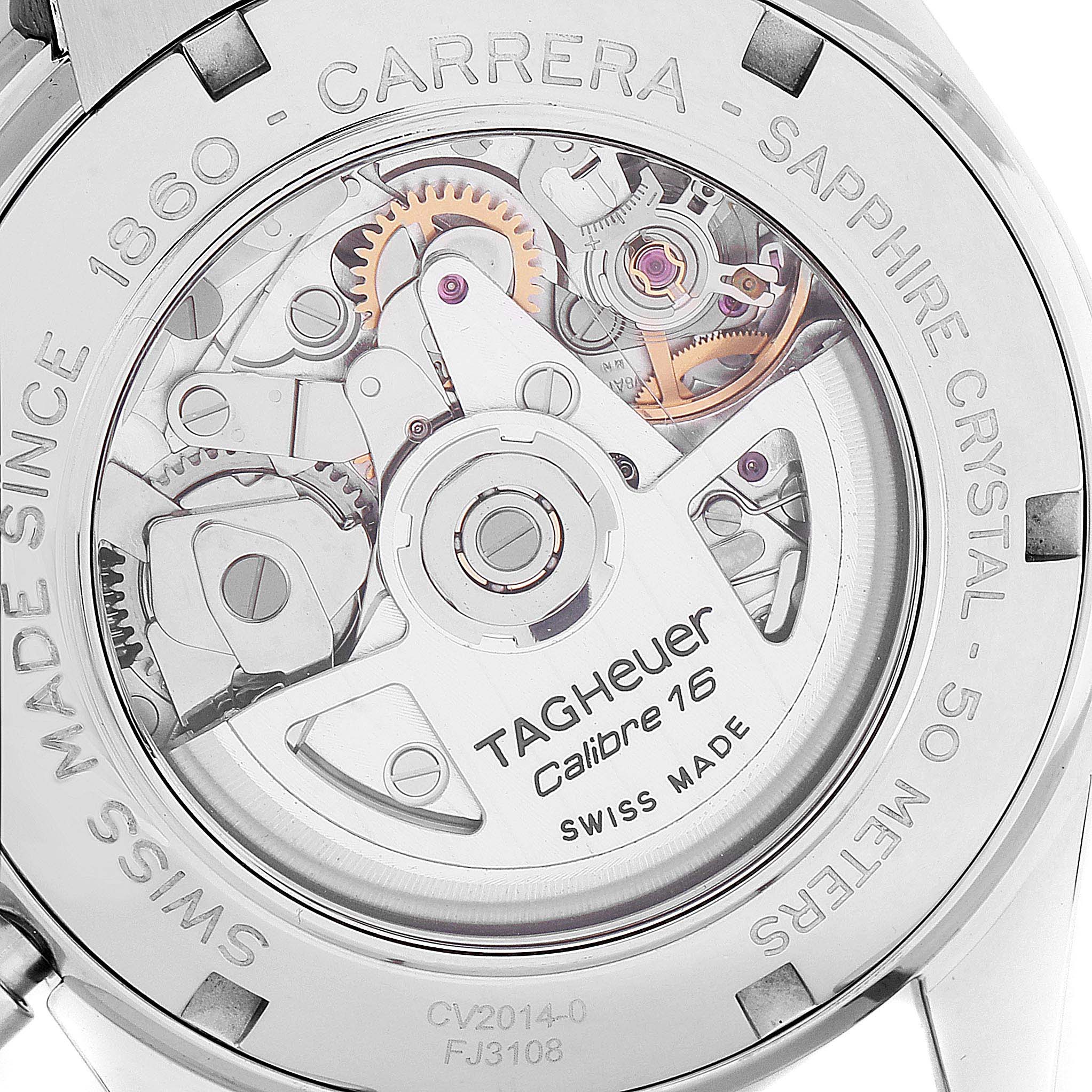 This image shows the back view of a Tag Heuer Carrera CV2014.BA0794 Men
s Stainless Steel Black Dial CV2014.BA0794 Men
s Stainless Steel Black Dial watch, highlighting its internal mechanical components.