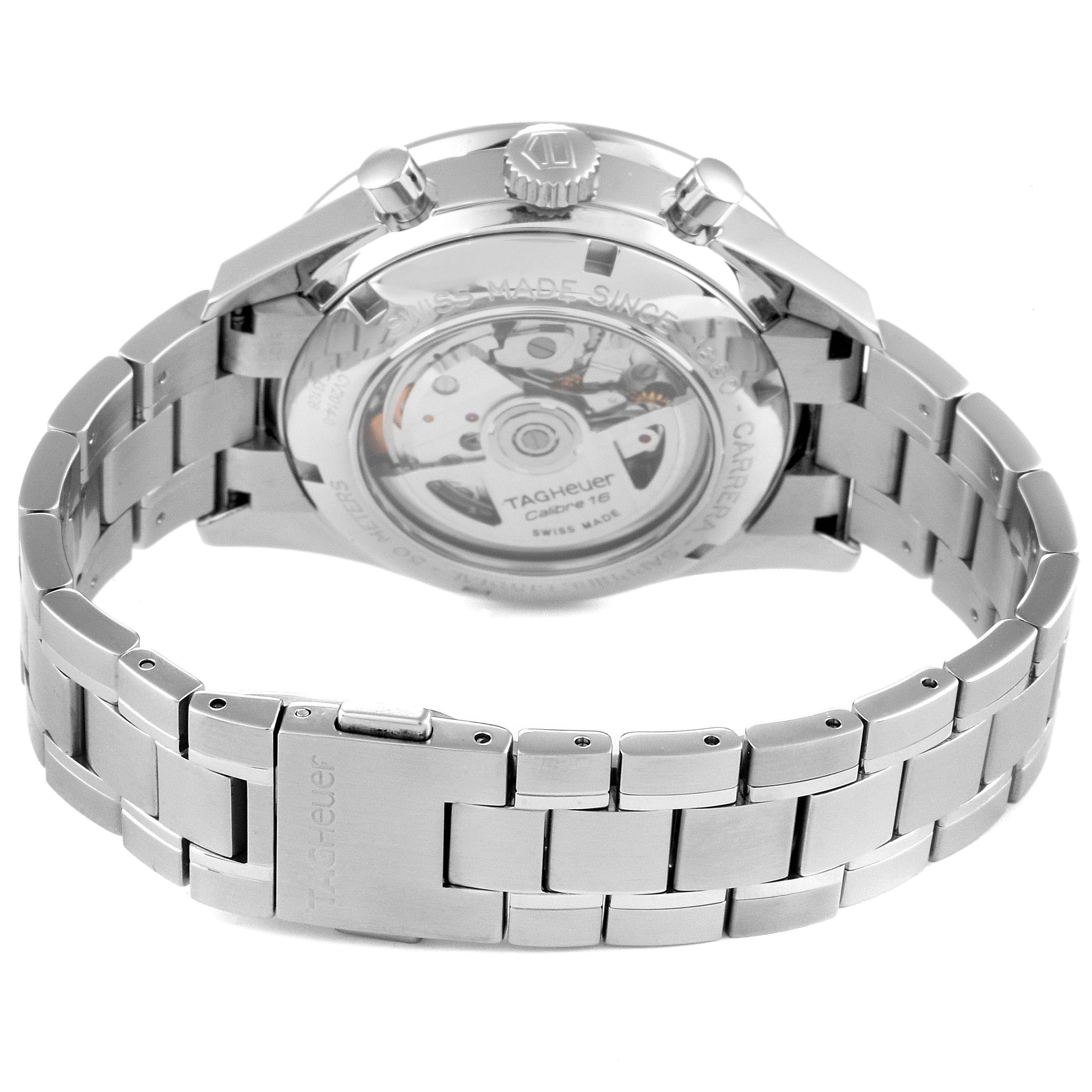 The image shows the back case, crown, and metal bracelet of the Tag Heuer Carrera CV2014.BA0794 Men
s Stainless Steel Black Dial CV2014.BA0794 Men
s Stainless Steel Black Dial watch, highlighting its exposed movement.