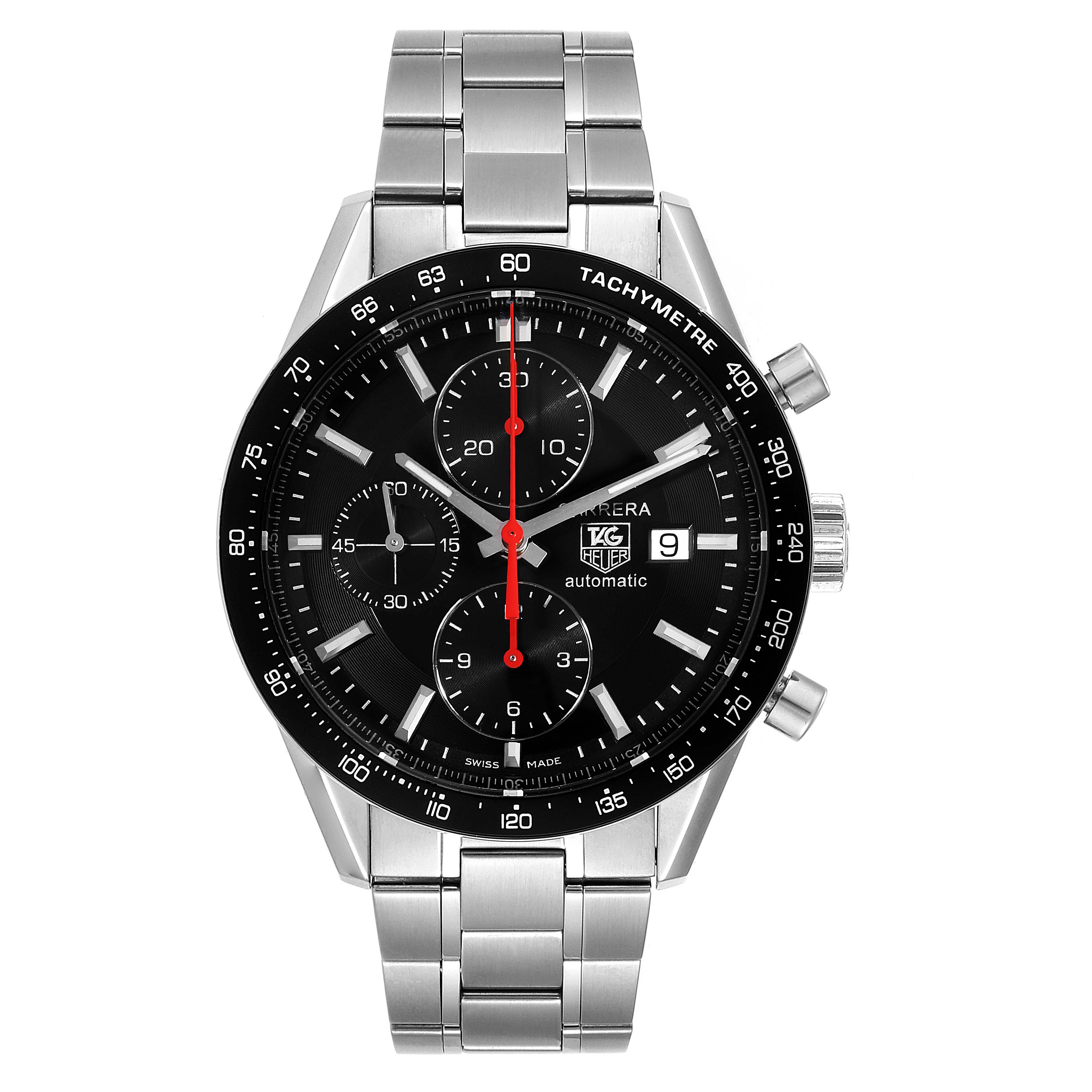 The image shows a frontal view of the Tag Heuer Carrera CV2014.BA0794 Men
s Stainless Steel Black Dial CV2014.BA0794 Men
s Stainless Steel Black Dial watch, displaying its face, bezel, and metal bracelet.