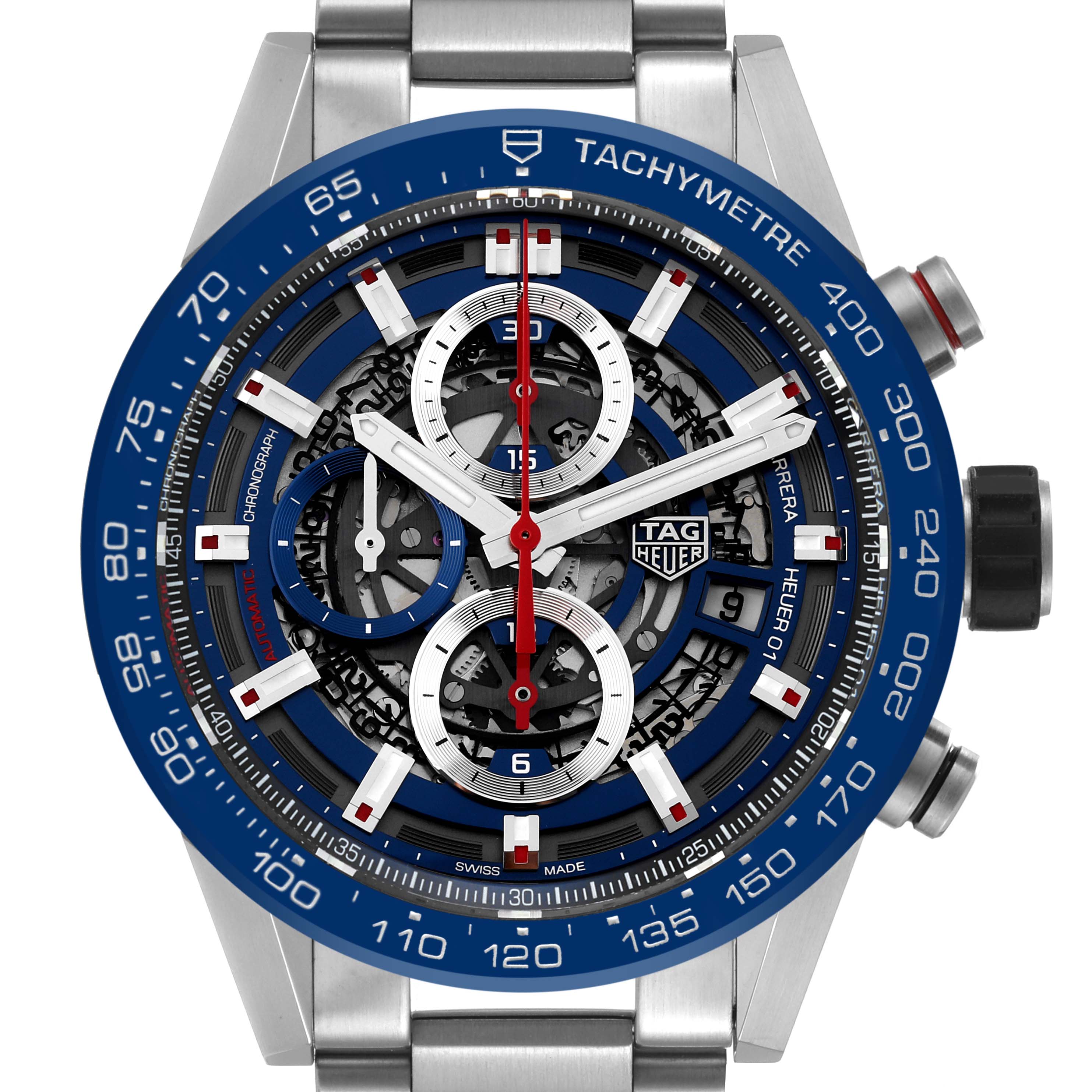 The image shows a close-up of the Tag Heuer Carrera CAR201T Men's Stainless Steel Transparent Dial CAR201T Men's Stainless Steel Transparent Dial watch face, highlighting its intricate dial, tachymeter bezel, and chronograph features.