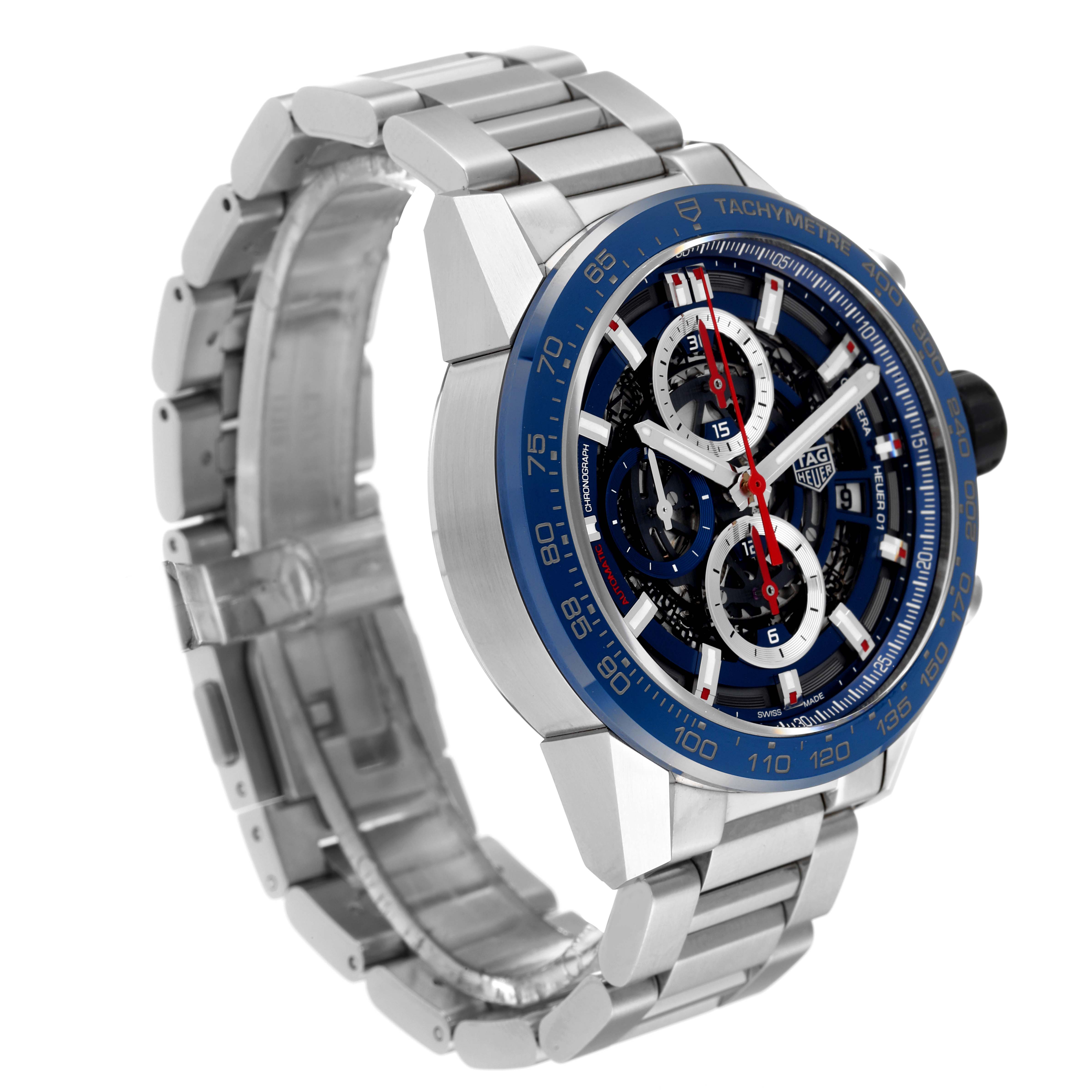 The image shows a Tag Heuer Carrera CAR201T Men's Stainless Steel Transparent Dial CAR201T Men's Stainless Steel Transparent Dial model watch from a side angle, highlighting the face, bezel, and bracelet.
