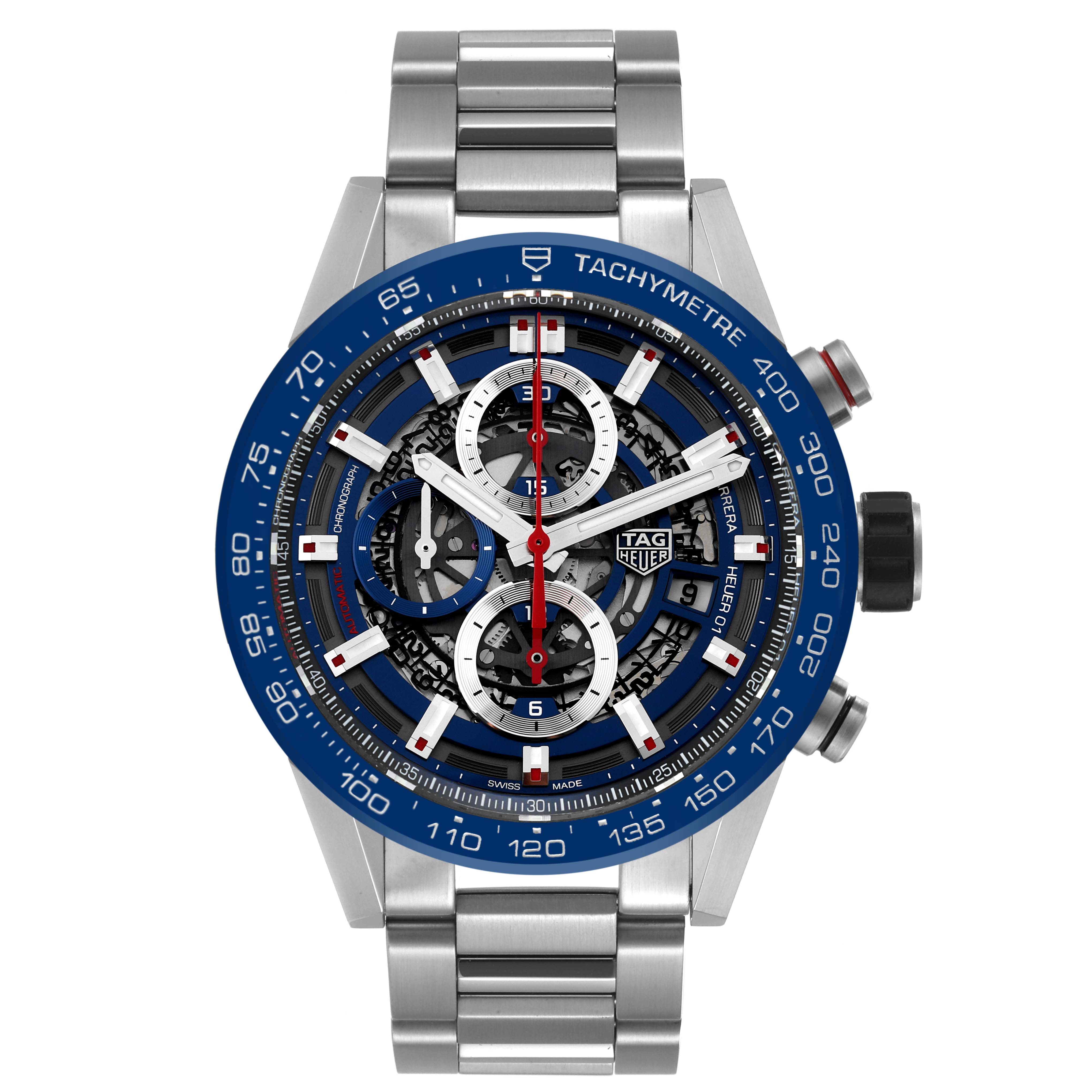 The Tag Heuer Carrera CAR201T Men's Stainless Steel Transparent Dial CAR201T Men's Stainless Steel Transparent Dial watch is shown from a front angle, highlighting the dial, bezel, chronograph subdials, and bracelet.