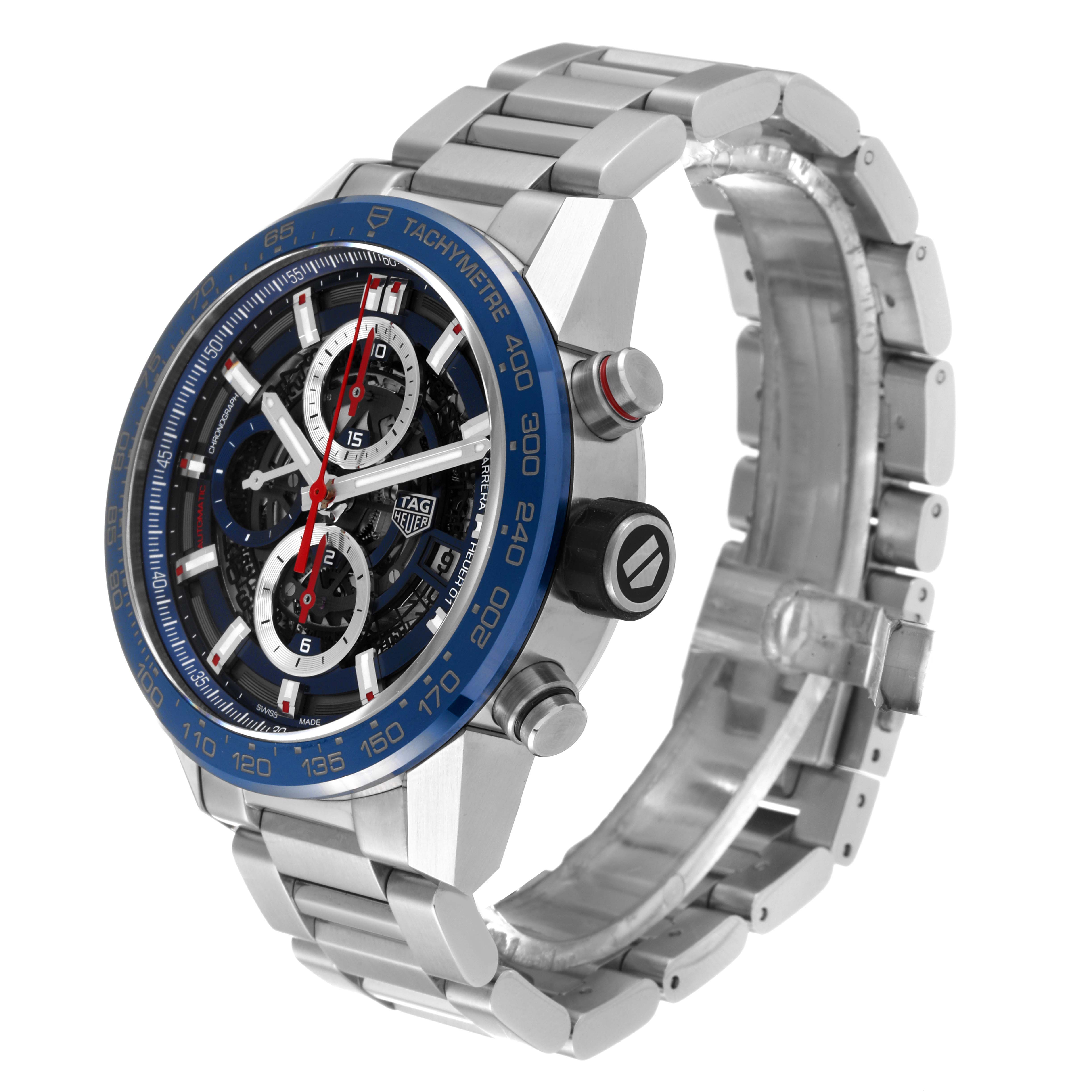 The image shows a Tag Heuer Carrera CAR201T Men's Stainless Steel Transparent Dial CAR201T Men's Stainless Steel Transparent Dial watch at an angle emphasizing its face, bezel, and metal bracelet.