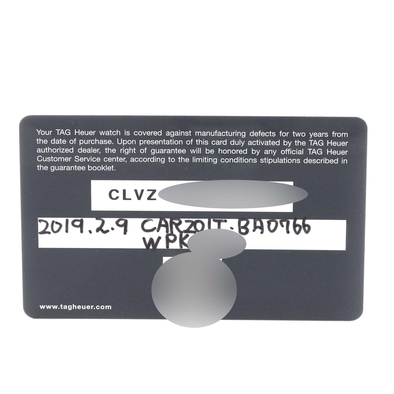 The image shows a warranty card for the Tag Heuer Carrera CAR201T Men's Stainless Steel Transparent Dial CAR201T Men's Stainless Steel Transparent Dial model watch.