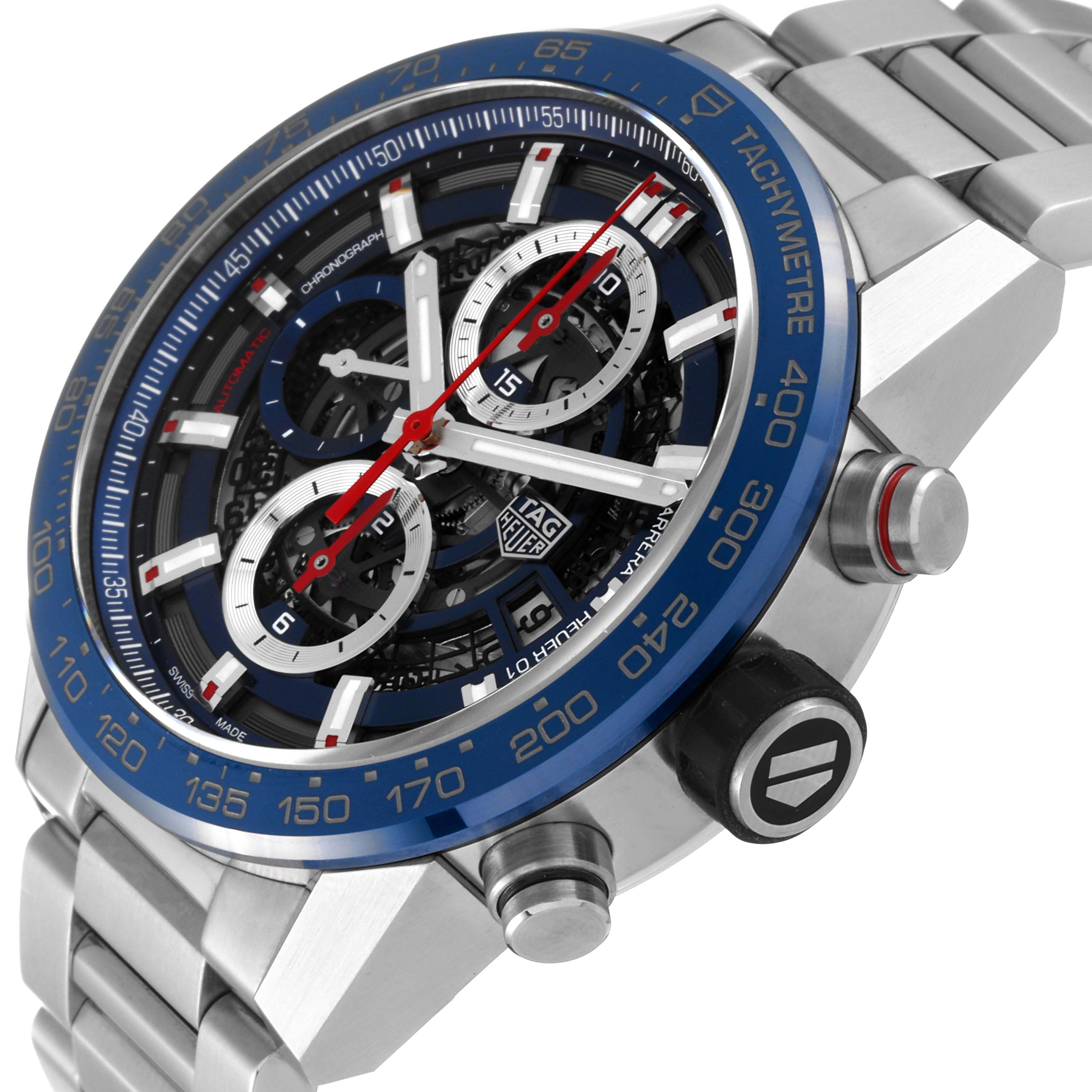 The image shows a close-up, angled view of the Tag Heuer Carrera CAR201T Men's Stainless Steel Transparent Dial CAR201T Men's Stainless Steel Transparent Dial watch, highlighting the face, bezel, and part of the bracelet.