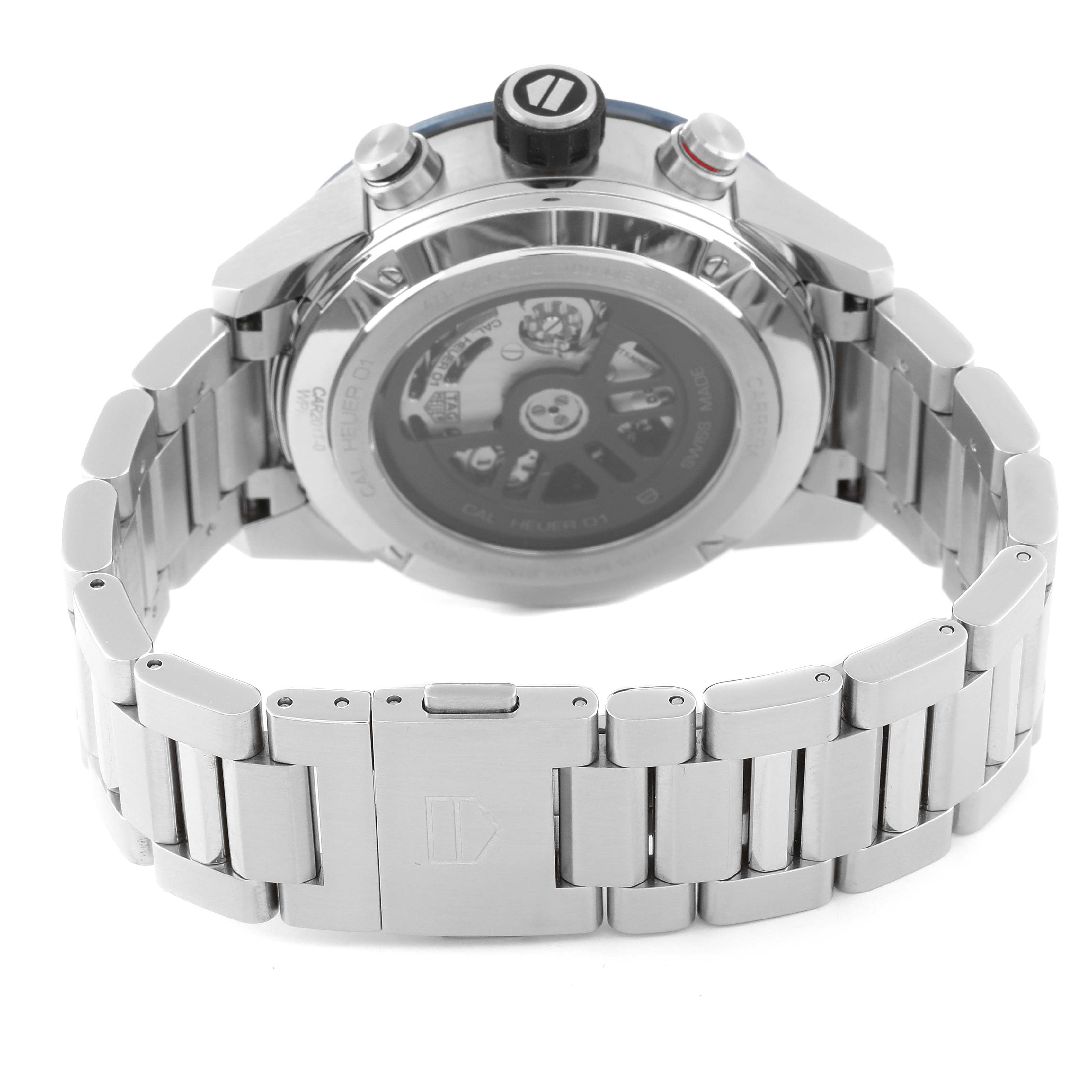 The image shows the back view of a Tag Heuer Carrera CAR201T Men's Stainless Steel Transparent Dial CAR201T Men's Stainless Steel Transparent Dial watch, highlighting its stainless steel bracelet and transparent case back.