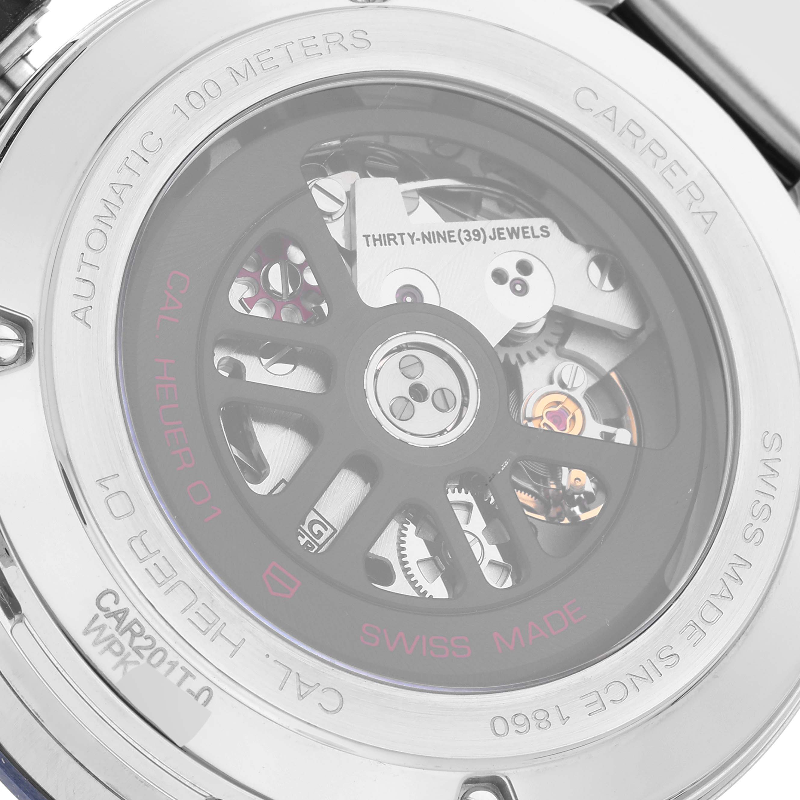 The image shows the back of the Tag Heuer Carrera CAR201T Men's Stainless Steel Transparent Dial CAR201T Men's Stainless Steel Transparent Dial watch, revealing its mechanical movement.