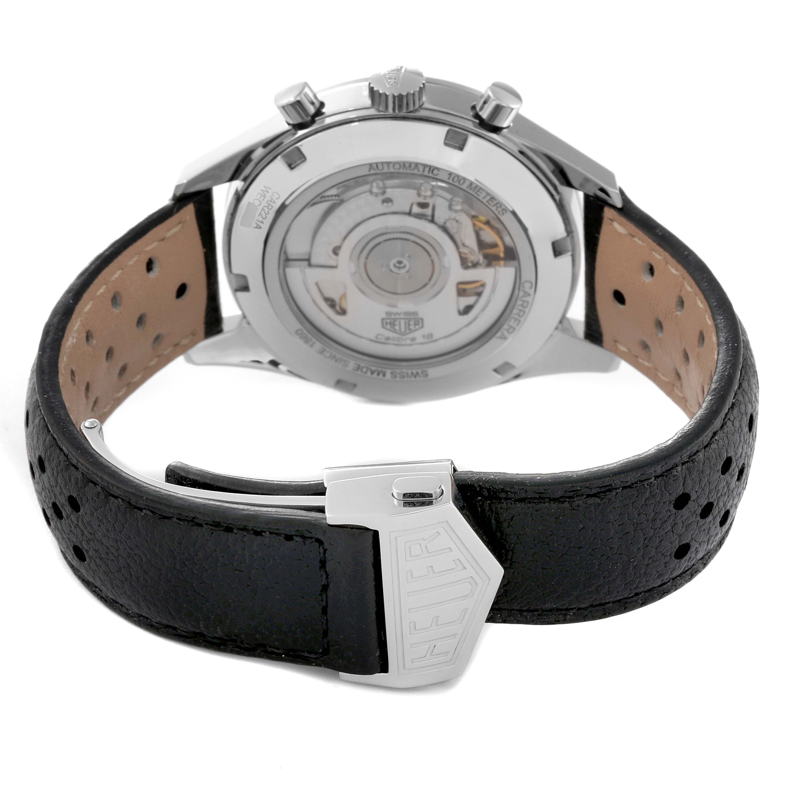 This image shows the back case and leather strap of a Tag Heuer Carrera CAR221A Men's Stainless Steel Silver Dial CAR221A Men's Stainless Steel Silver Dial watch.