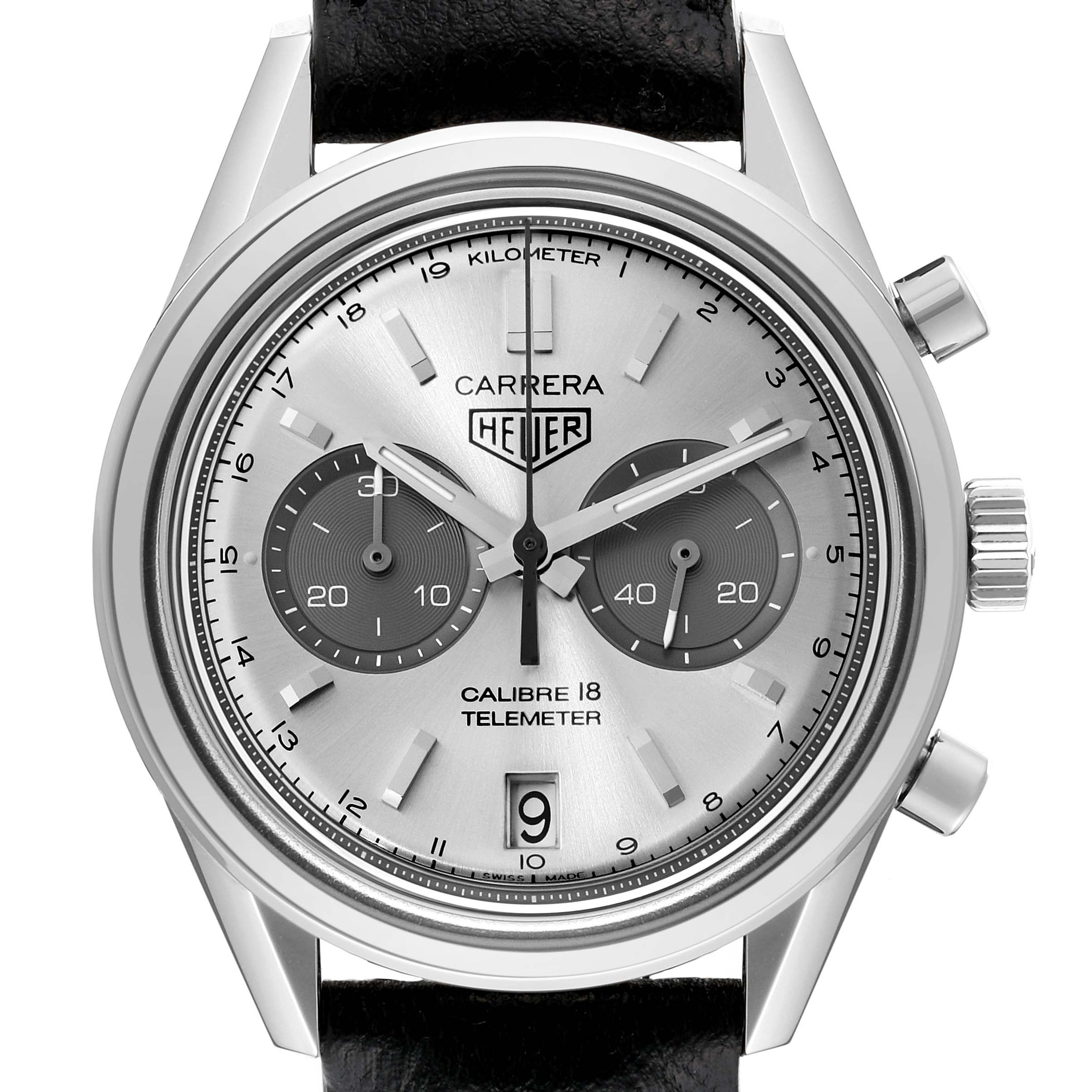 The image shows a front view of a Tag Heuer Carrera CAR221A Men's Stainless Steel Silver Dial CAR221A Men's Stainless Steel Silver Dial Calibre 18 Telemeter watch displaying its dial and subdials.