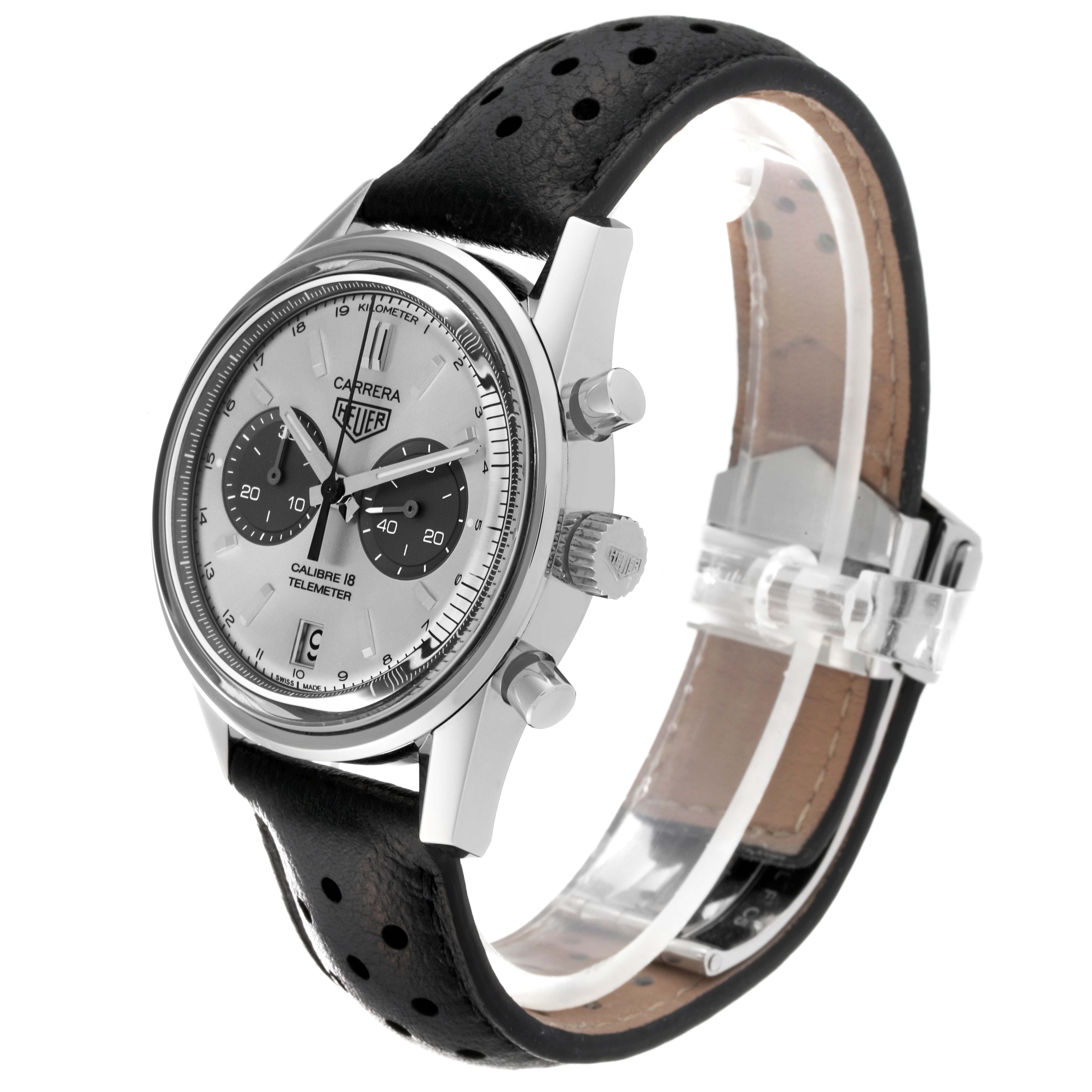 The Tag Heuer Carrera CAR221A Men's Stainless Steel Silver Dial CAR221A Men's Stainless Steel Silver Dial watch is shown at an angled side view, displaying its dial, chronographs, crown, and perforated leather strap.