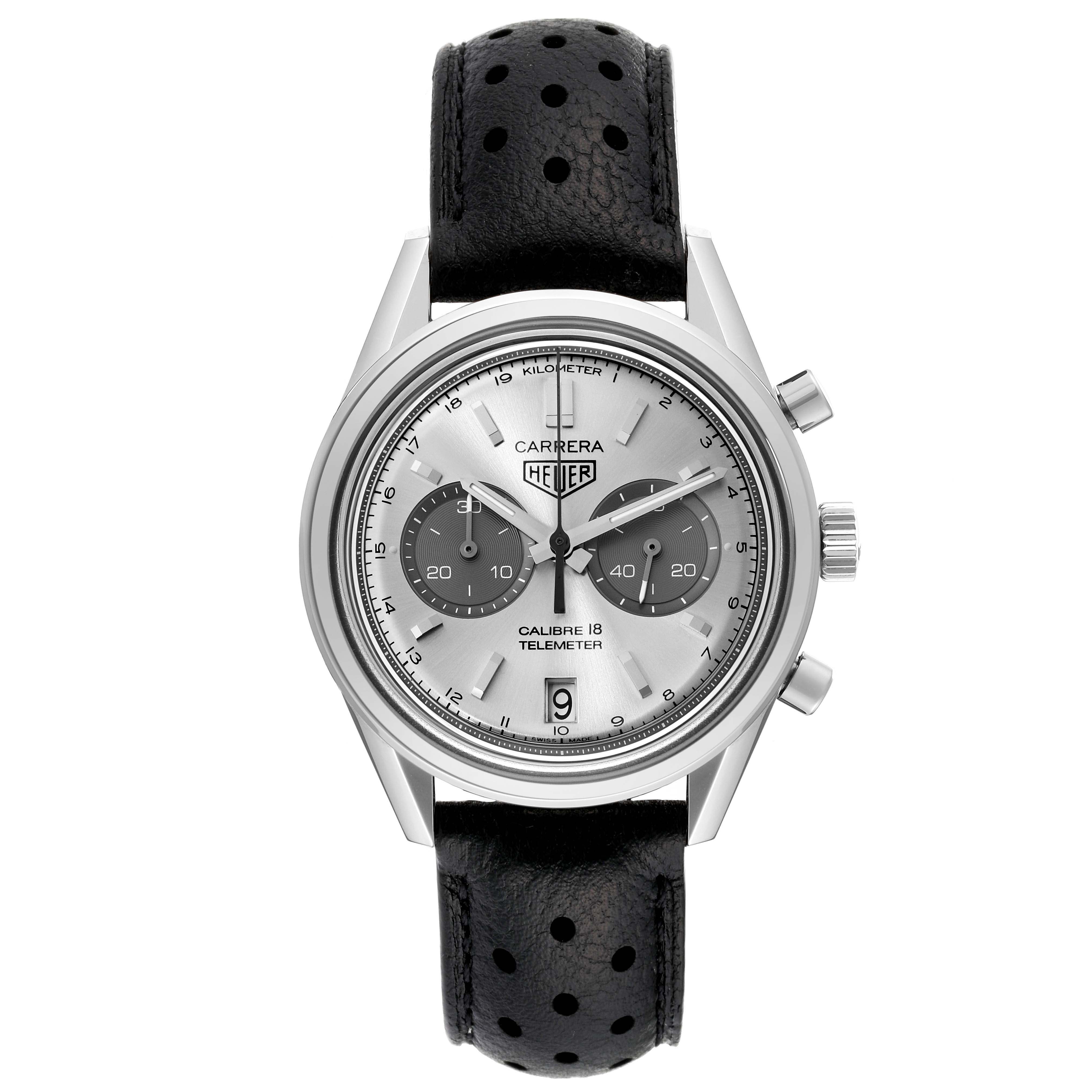 This Tag Heuer Carrera CAR221A Men's Stainless Steel Silver Dial CAR221A Men's Stainless Steel Silver Dial model watch is shown from a front angle, displaying the face, dial, hands, chronograph subdials, and strap.