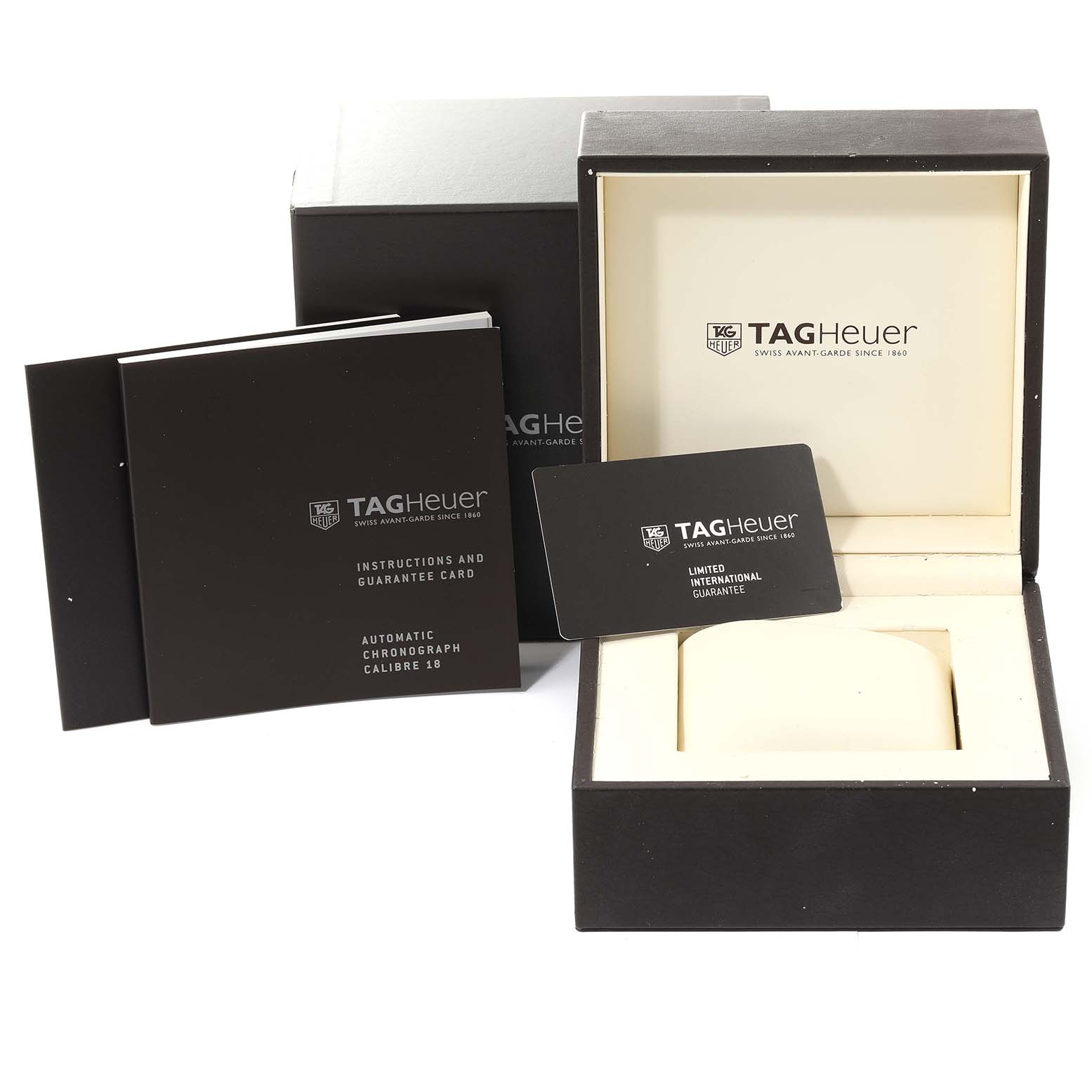 The image shows the box, instruction manual, and guarantee card for a Tag Heuer Carrera CAR221A Men's Stainless Steel Silver Dial CAR221A Men's Stainless Steel Silver Dial watch.