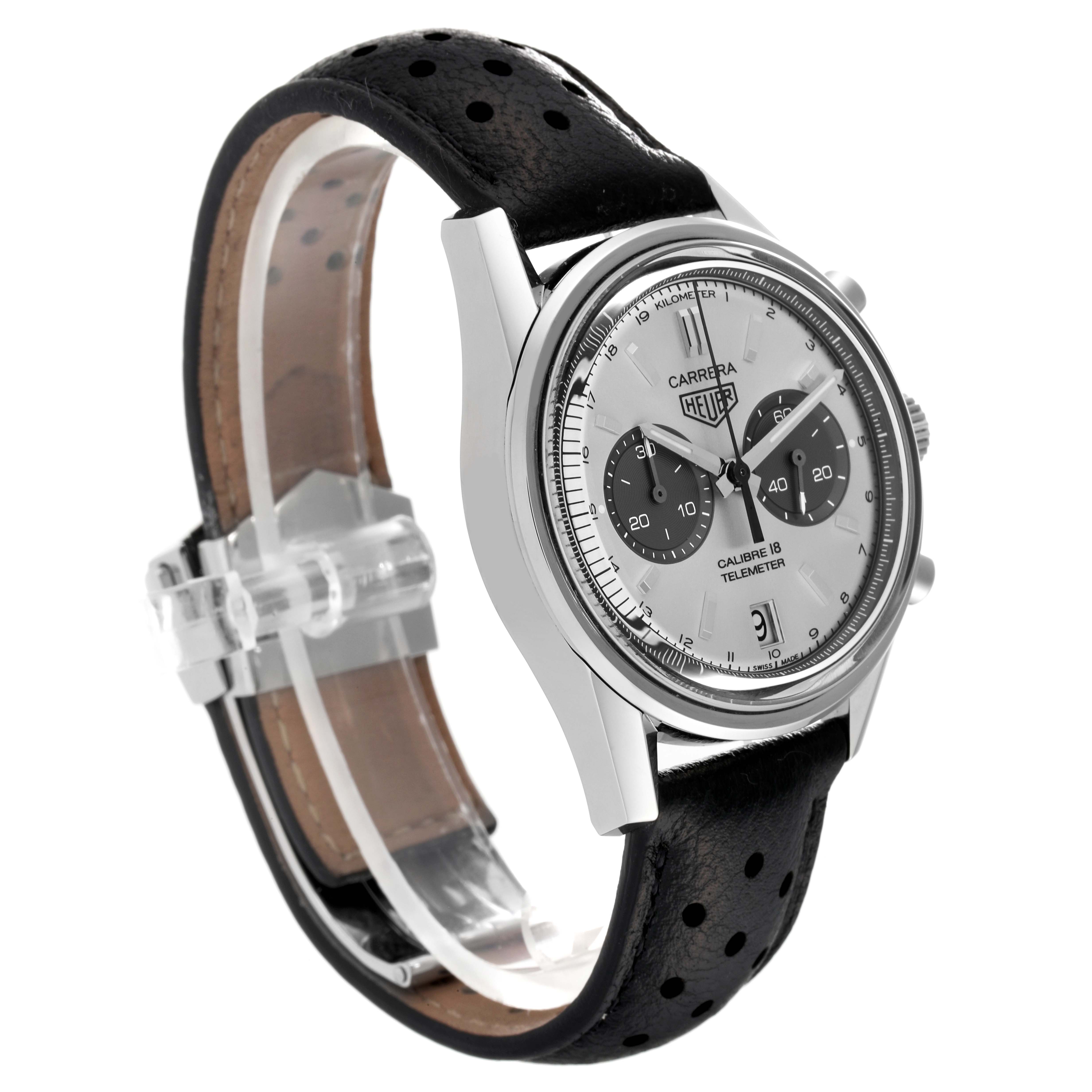 This image shows a side angle of the Tag Heuer Carrera CAR221A Men's Stainless Steel Silver Dial CAR221A Men's Stainless Steel Silver Dial watch featuring its face, case, and black perforated leather strap.