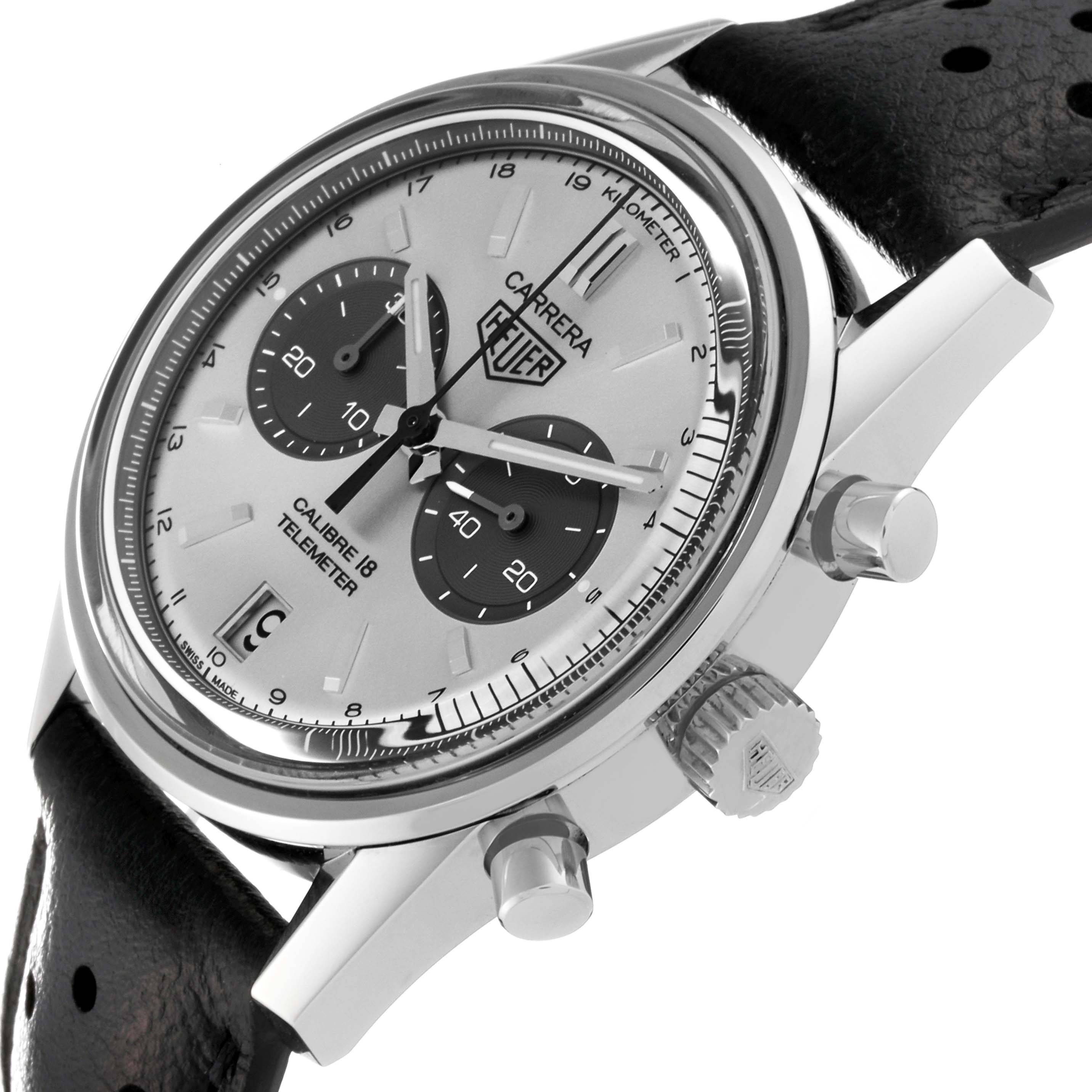 The image shows a Tag Heuer Carrera CAR221A Men's Stainless Steel Silver Dial CAR221A Men's Stainless Steel Silver Dial watch from a side angle, highlighting the crown, pushers, and part of the black leather strap.