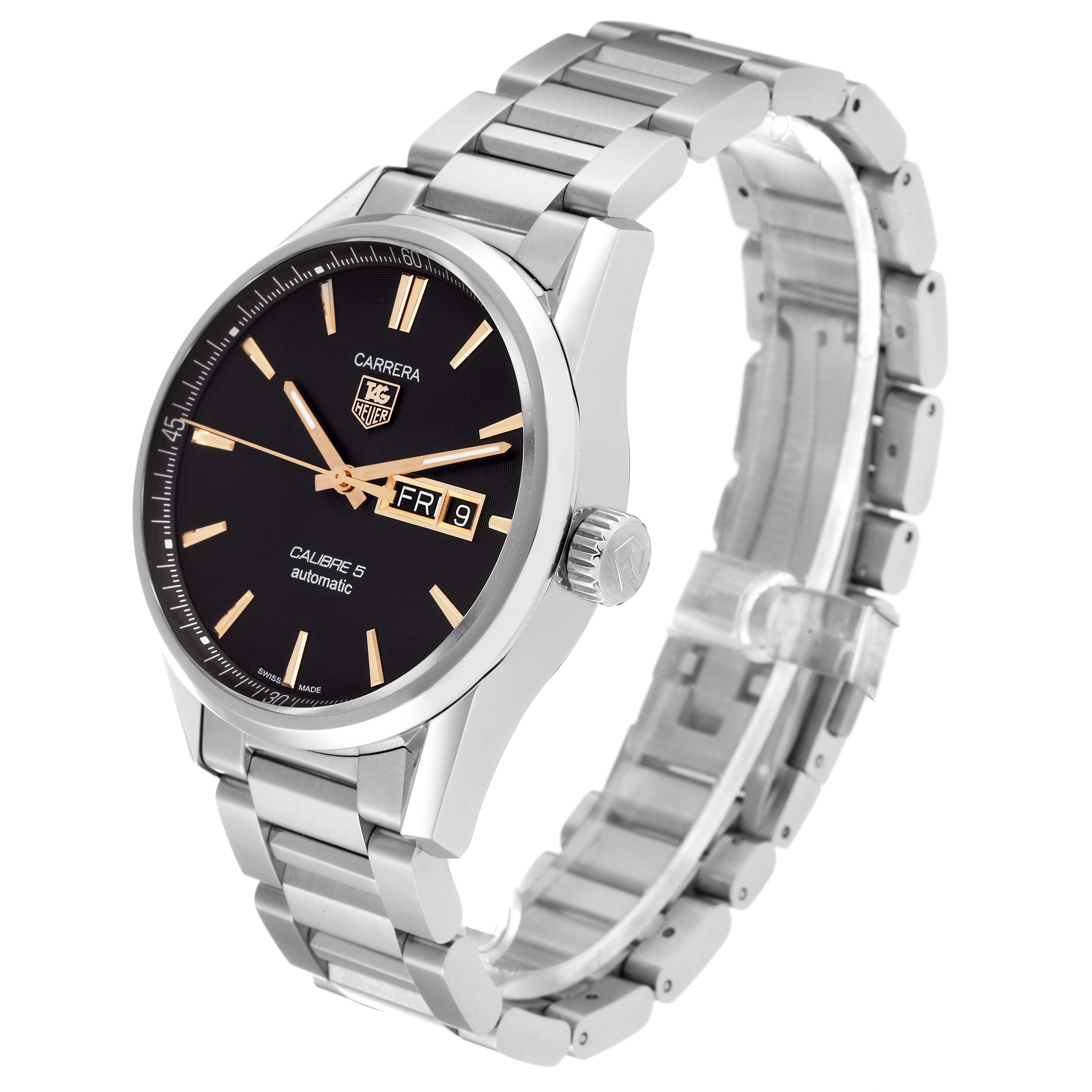 The image shows a front-side view of the Tag Heuer Carrera WAR201C.BA0723 Men's Stainless Steel Grey Dial WAR201C.BA0723 Men's Stainless Steel Grey Dial watch, highlighting its black dial, stainless steel bracelet, and day-date feature.