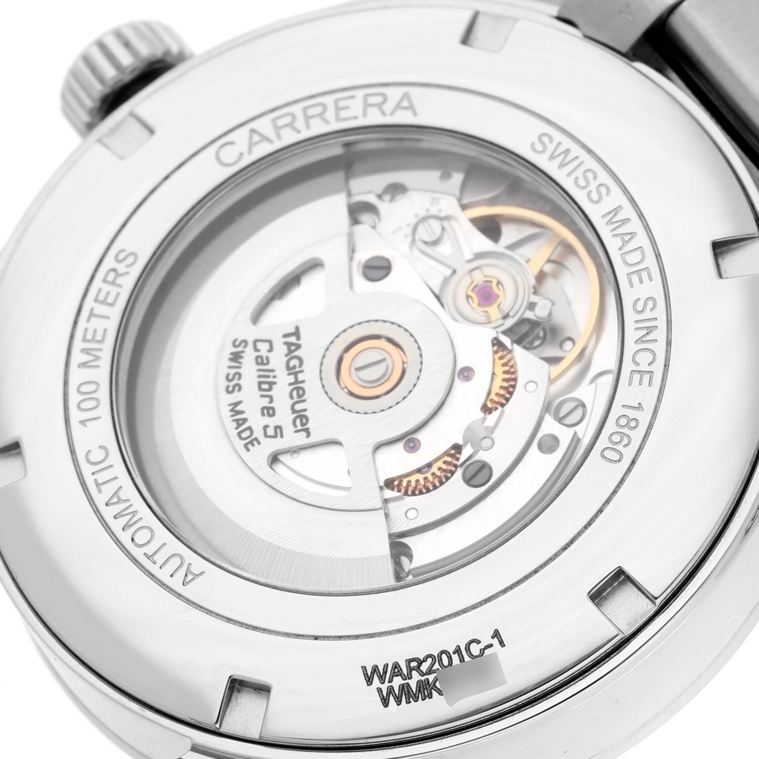 The image shows the back of the Tag Heuer Carrera WAR201C.BA0723 Men's Stainless Steel Grey Dial WAR201C.BA0723 Men's Stainless Steel Grey Dial watch, highlighting its automatic movement and specifications.