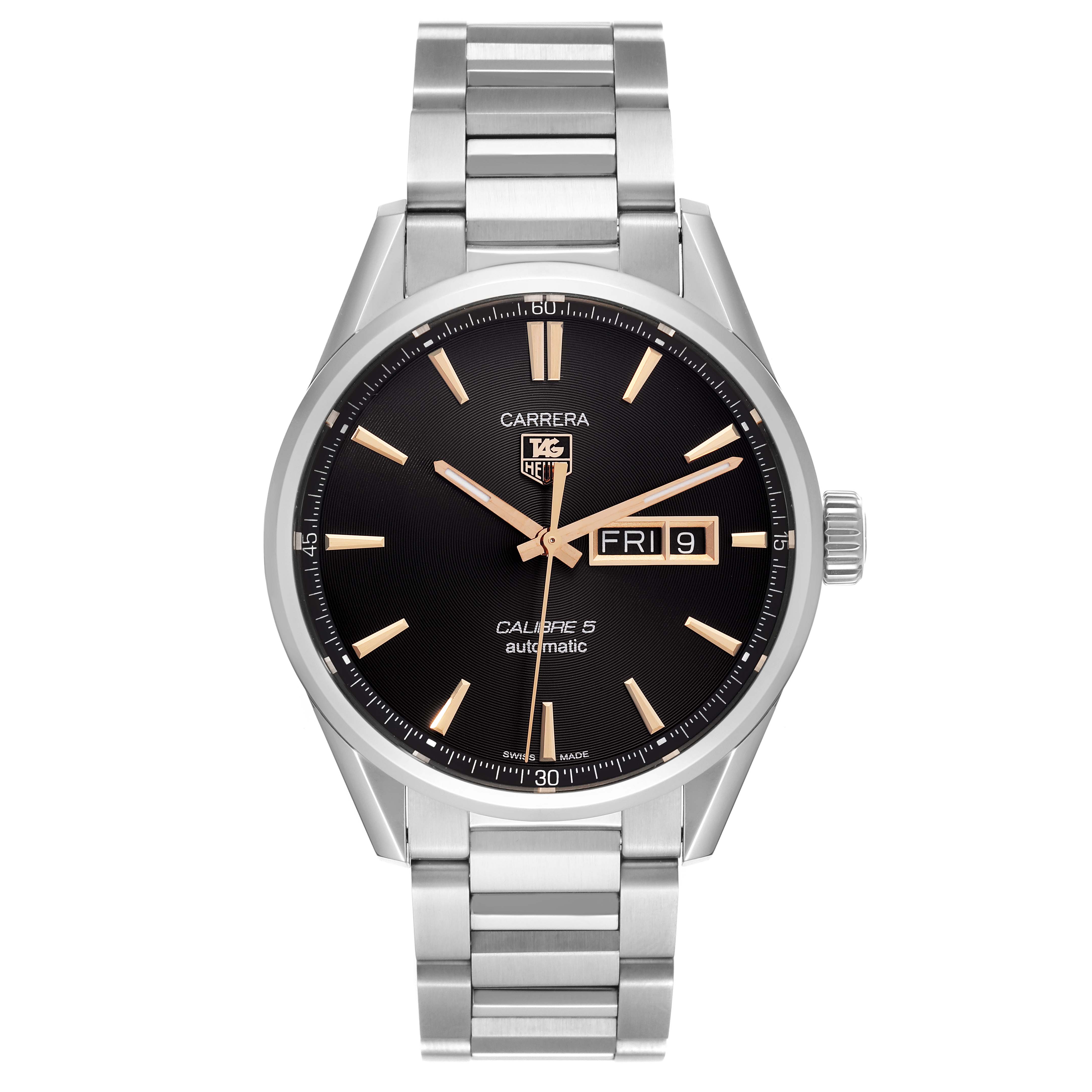 This image shows a front angle of the Tag Heuer Carrera WAR201C.BA0723 Men's Stainless Steel Grey Dial WAR201C.BA0723 Men's Stainless Steel Grey Dial watch, featuring its face, hands, date display, and metal bracelet.