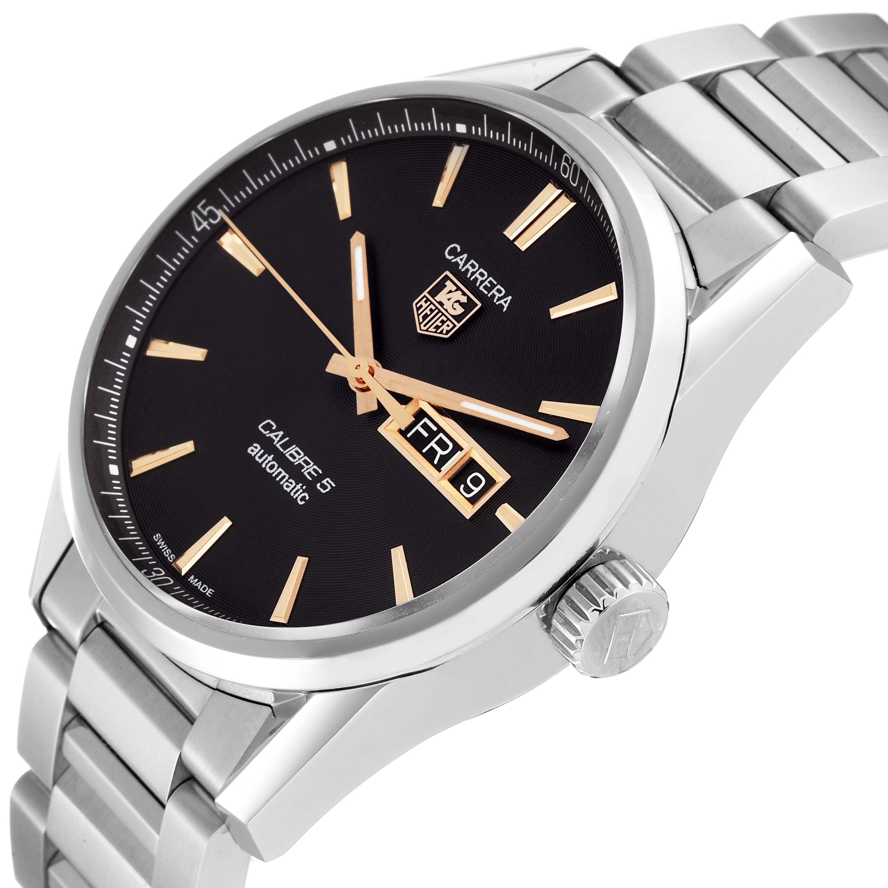 The image shows a side angle of the Tag Heuer Carrera WAR201C.BA0723 Men's Stainless Steel Grey Dial WAR201C.BA0723 Men's Stainless Steel Grey Dial watch, highlighting the dial, crown, and metal bracelet.