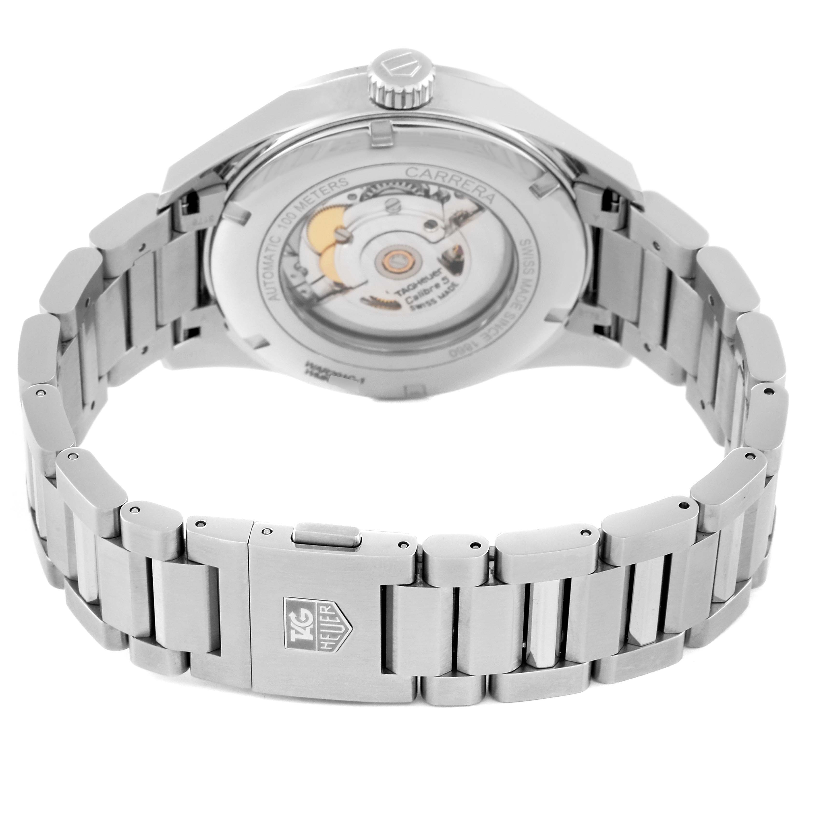 The Tag Heuer Carrera WAR201C.BA0723 Men's Stainless Steel Grey Dial WAR201C.BA0723 Men's Stainless Steel Grey Dial watch is shown from the back, displaying the automatic movement and the metal bracelet with clasp.