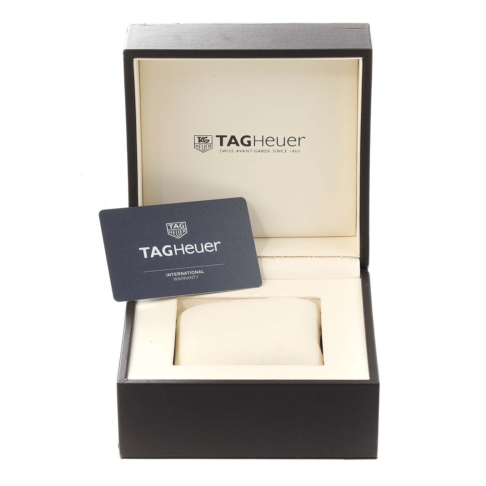 The image shows an empty Tag Heuer Carrera WAR201C.BA0723 Men's Stainless Steel Grey Dial WAR201C.BA0723 Men's Stainless Steel Grey Dial watch box with the warranty card positioned inside.