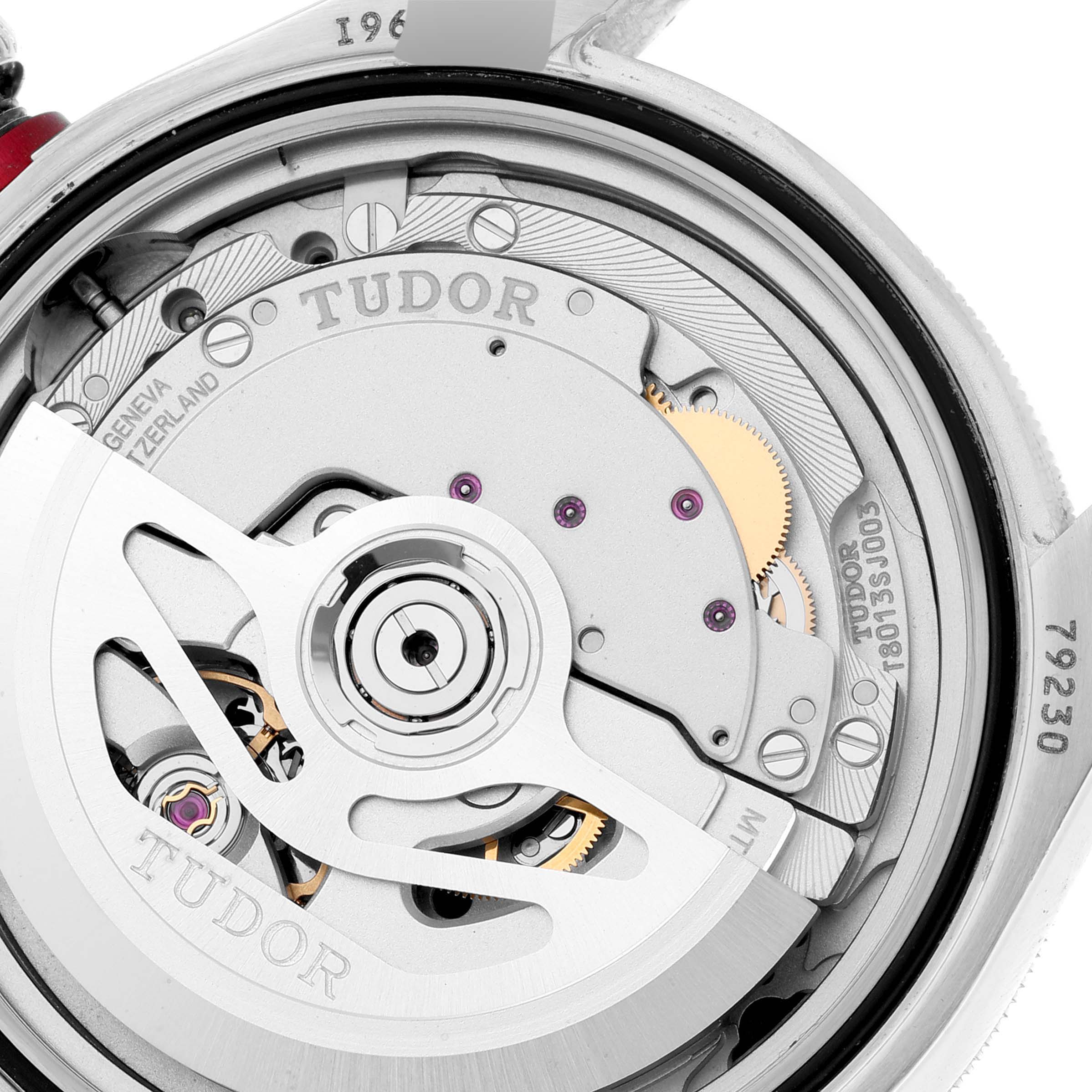 The image shows the detailed view of the movement mechanism inside the Tudor Heritage Black Bay 79230R Men
s Stainless Steel Black Dial 79230R Men
s Stainless Steel Black Dial watch.