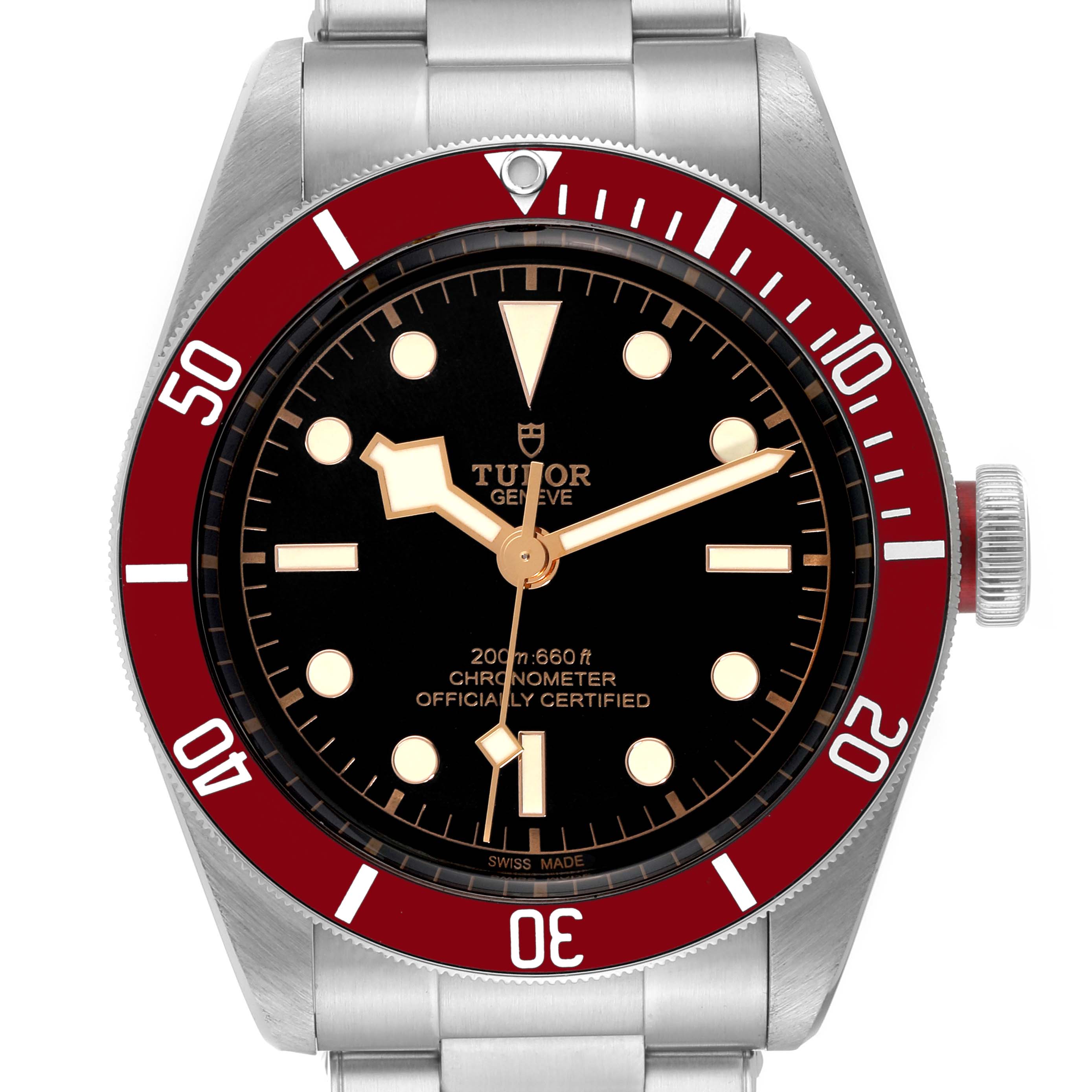 This image shows a frontal view of the Tudor Heritage Black Bay 79230R Men
s Stainless Steel Black Dial 79230R Men
s Stainless Steel Black Dial watch, highlighting the dial, bezel, and crown.