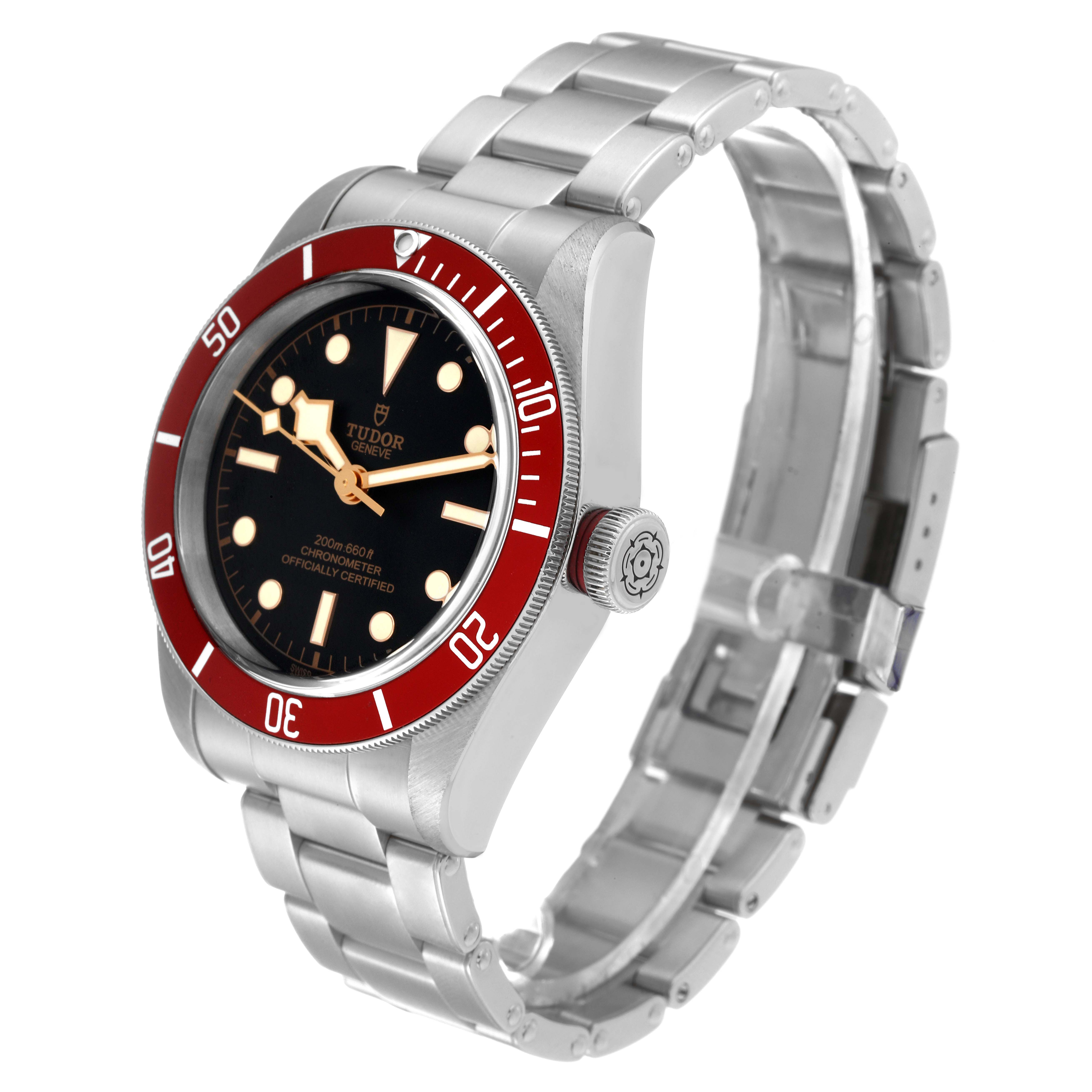 The Tudor Heritage Black Bay 79230R Men
s Stainless Steel Black Dial 79230R Men
s Stainless Steel Black Dial watch is shown at a three-quarter angle, highlighting its face, bezel, crown, and bracelet.