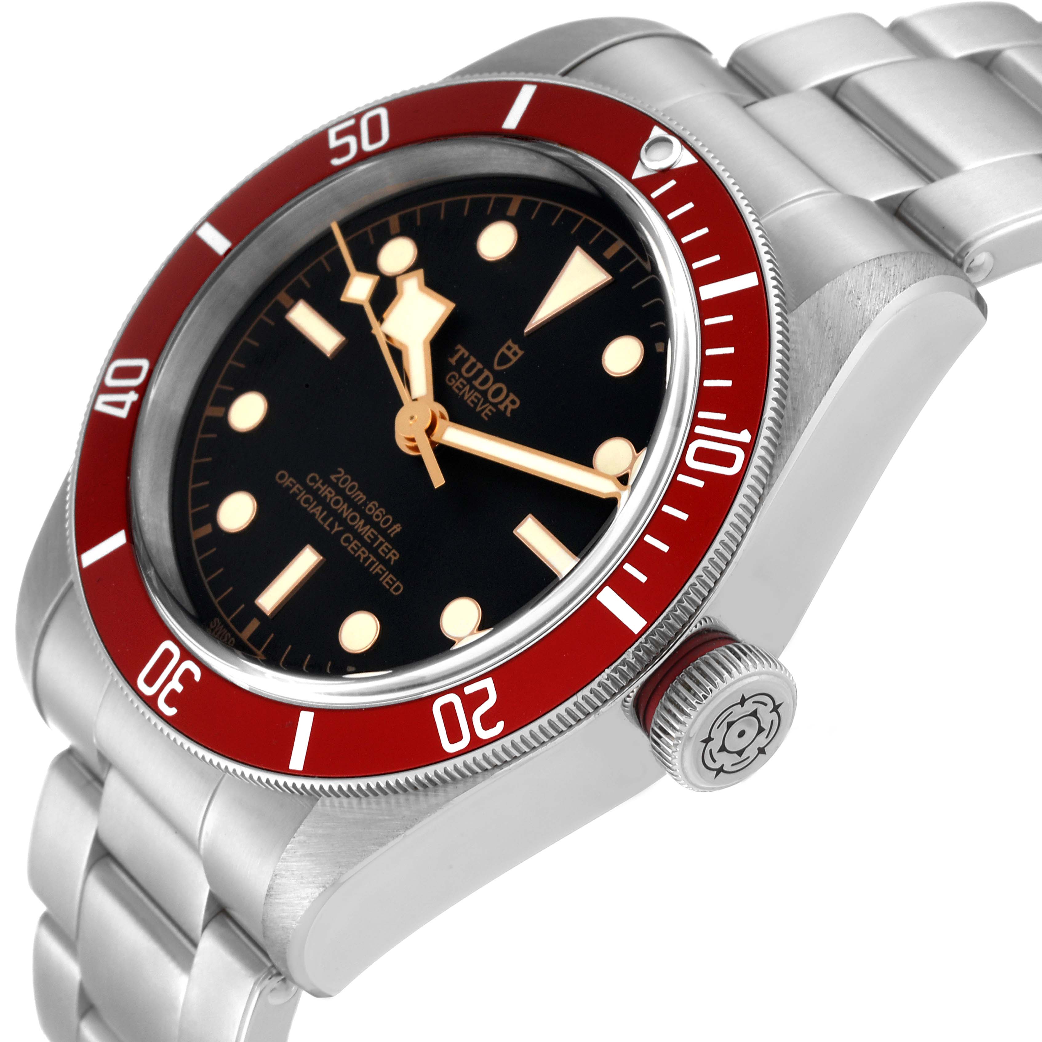 The image shows a close-up side angle of the Tudor Heritage Black Bay 79230R Men
s Stainless Steel Black Dial 79230R Men
s Stainless Steel Black Dial watch, highlighting the red bezel, crown, and stainless steel bracelet.