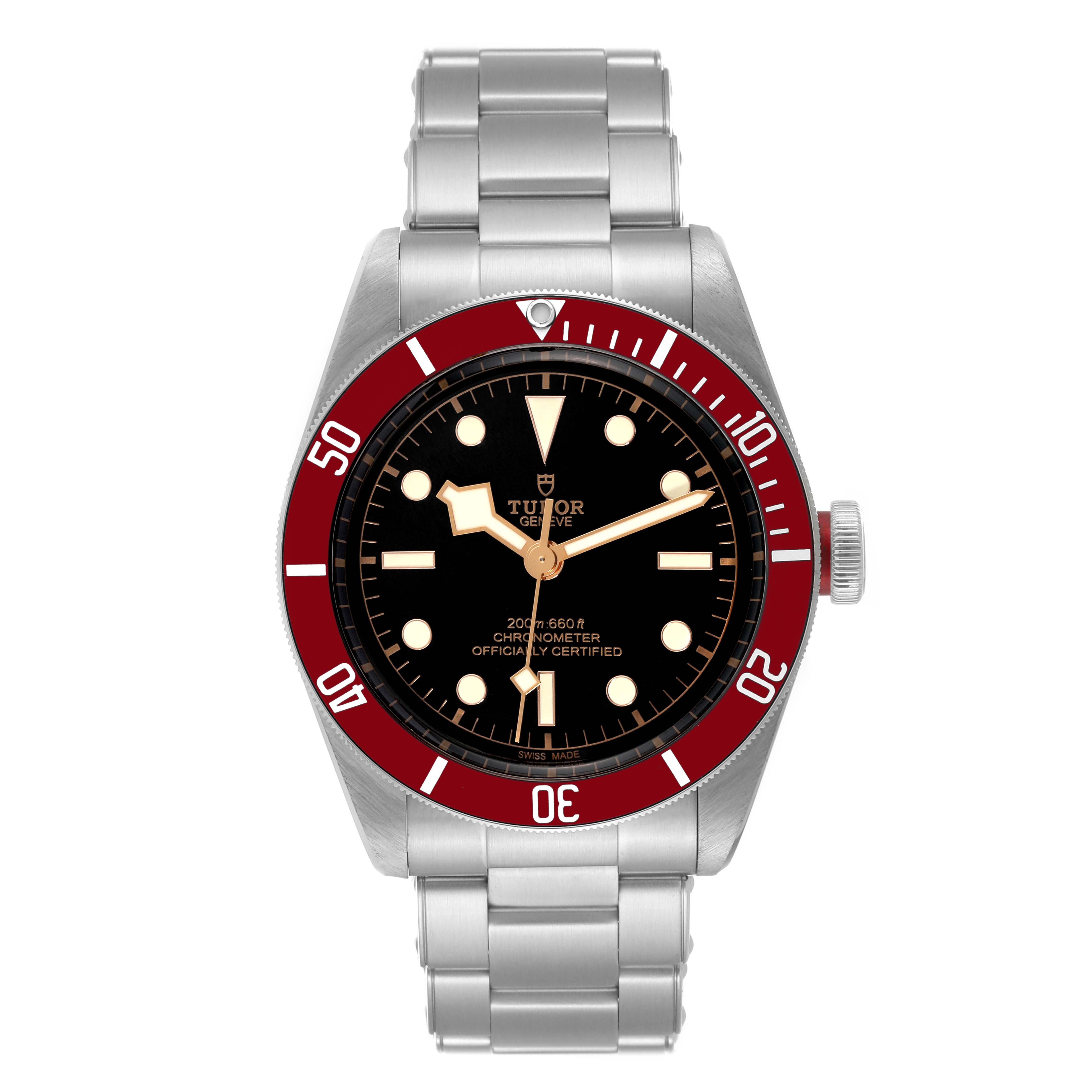 This is a frontal view of the Tudor Heritage Black Bay 79230R Men
s Stainless Steel Black Dial 79230R Men
s Stainless Steel Black Dial watch showing its face, bezel, and bracelet.
