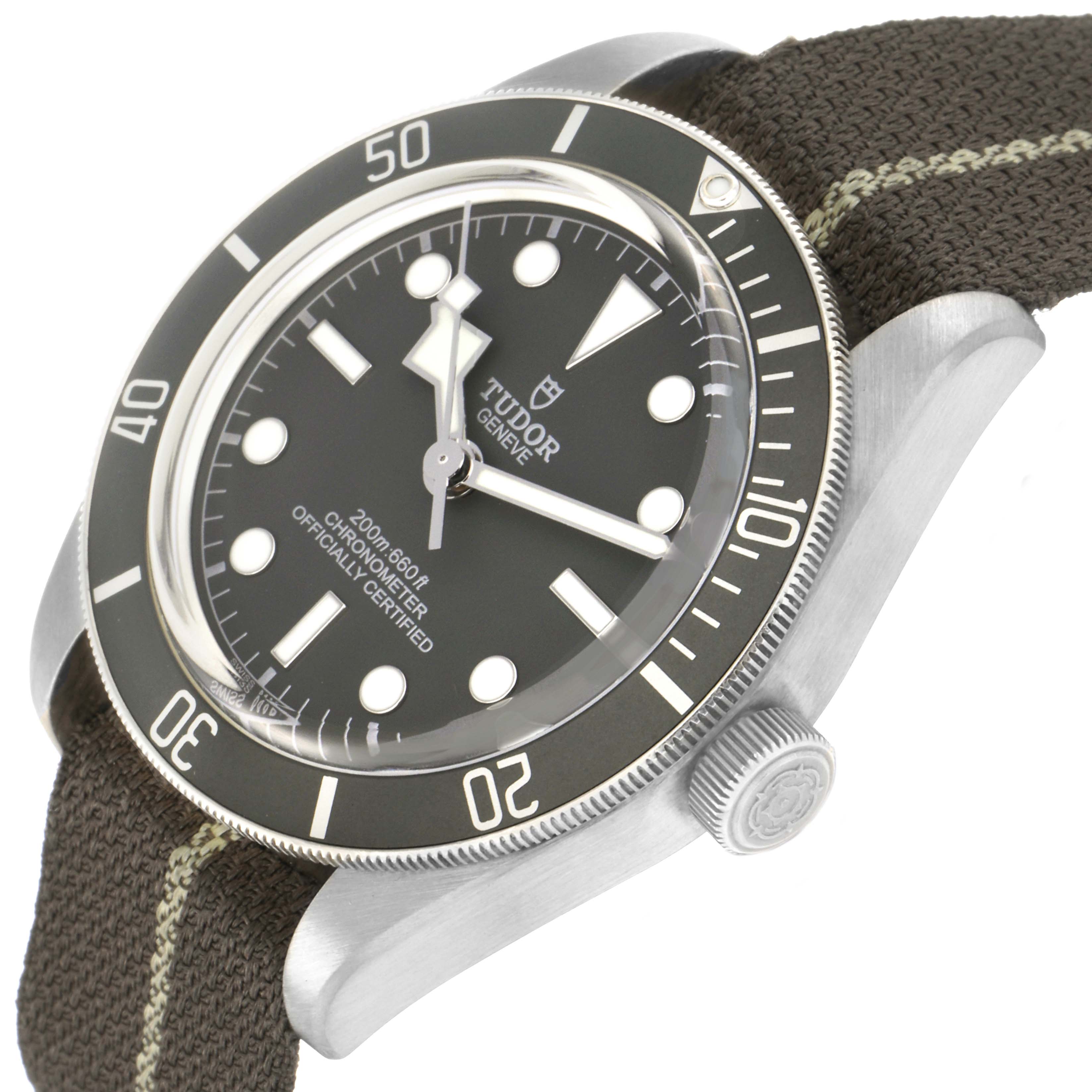 The Tudor Heritage Black Bay 79010 Men
s Stainless Steel Grey Dial 79010 Men
s Stainless Steel Grey Dial watch is shown at an angled side view, highlighting the bezel, dial, crown, and fabric strap.