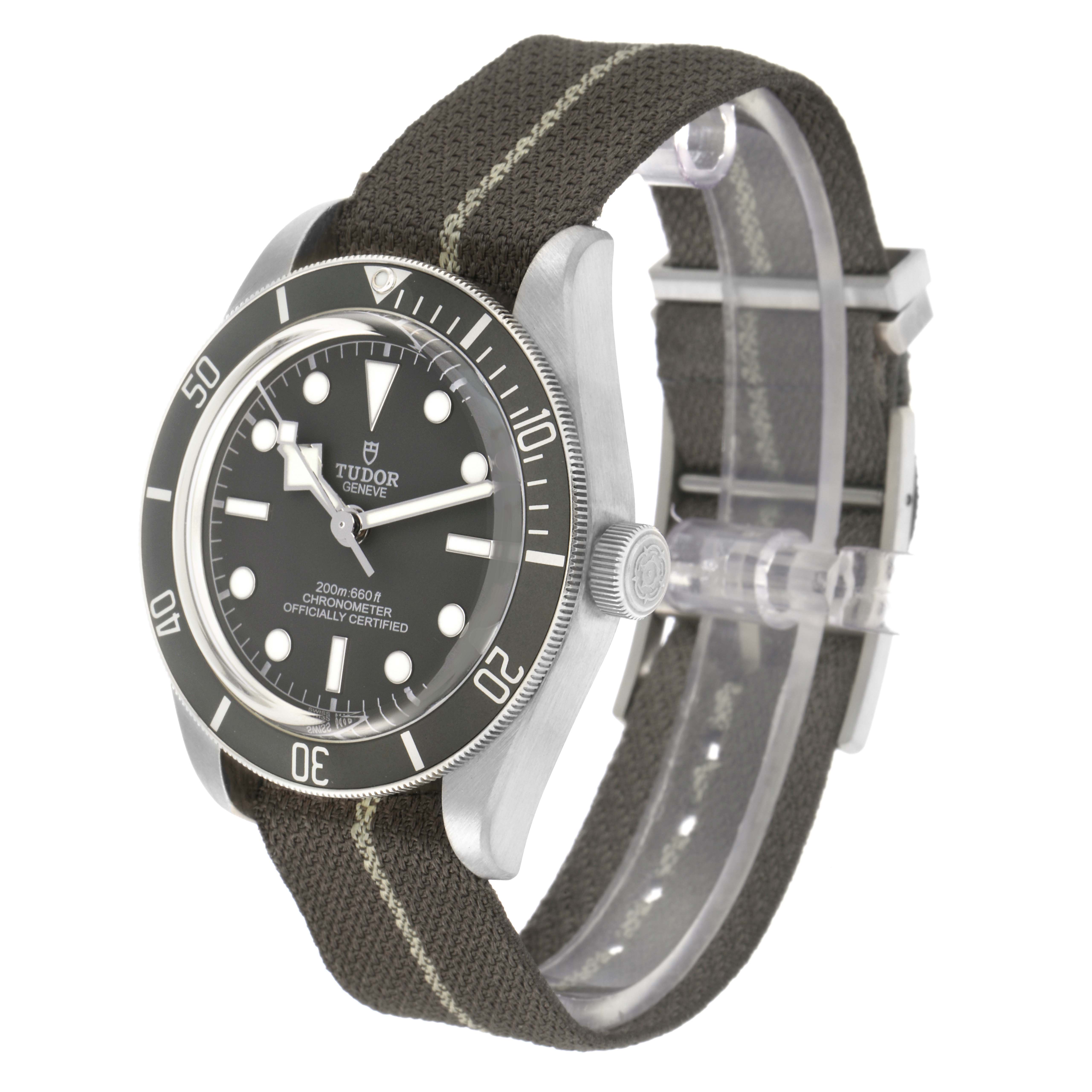 The Tudor Heritage Black Bay 79010 Men
s Stainless Steel Grey Dial 79010 Men
s Stainless Steel Grey Dial watch is shown at a three-quarter angle, highlighting the dial, bezel, and fabric strap.