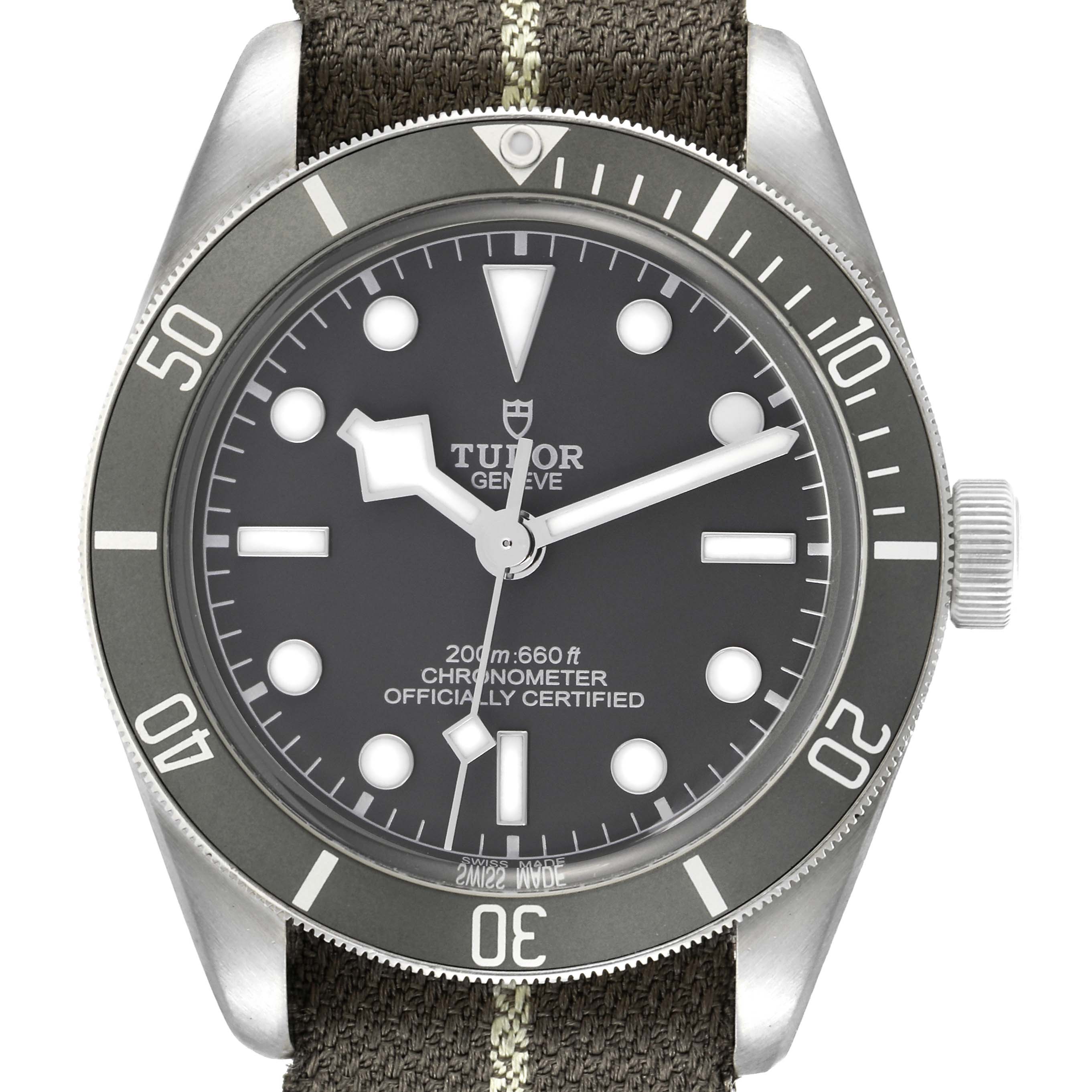 The Tudor Heritage Black Bay 79010 Men
s Stainless Steel Grey Dial 79010 Men
s Stainless Steel Grey Dial watch is shown from the front, highlighting the dial, bezel, and part of the strap.