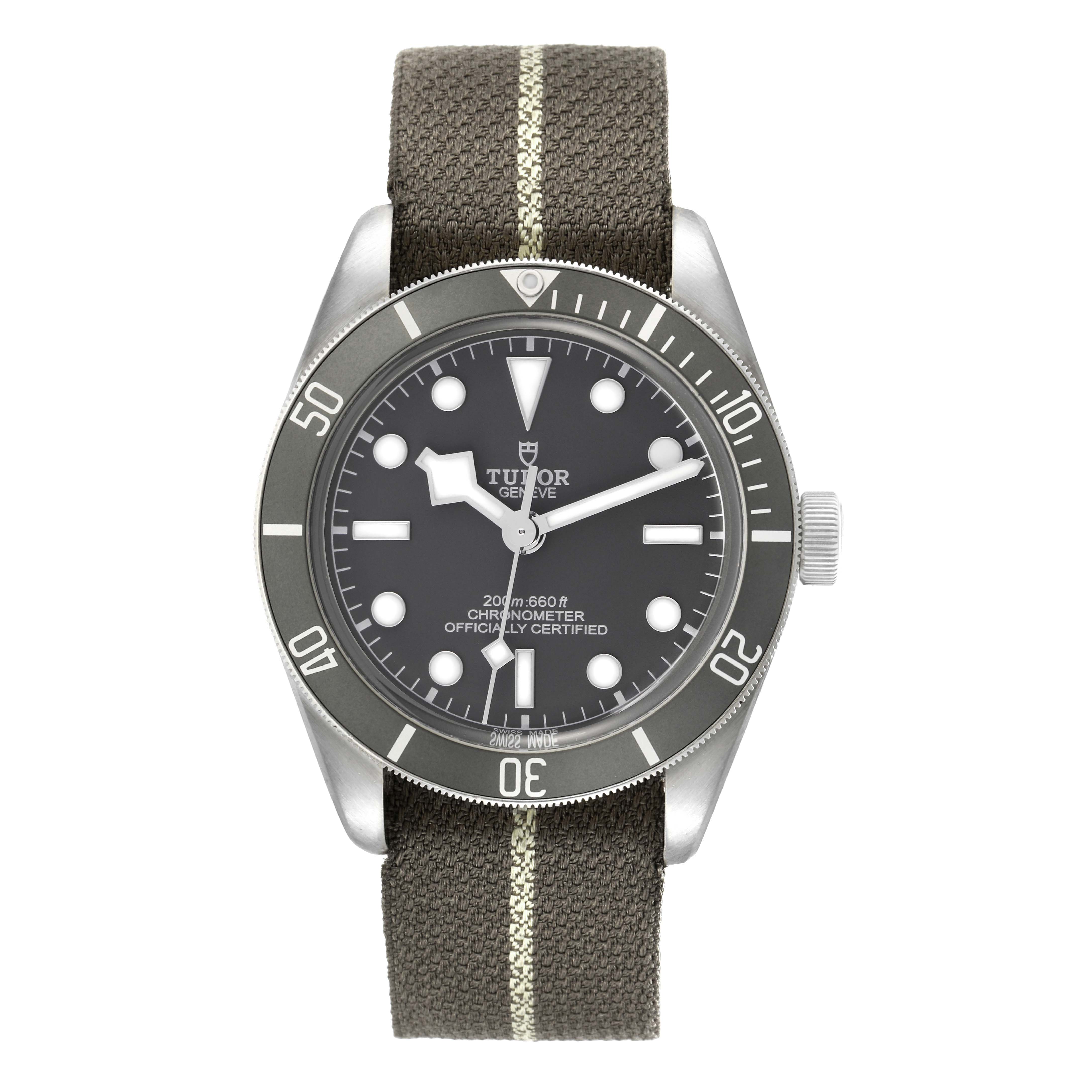 The Tudor Heritage Black Bay 79010 Men
s Stainless Steel Grey Dial 79010 Men
s Stainless Steel Grey Dial watch is shown from the front, displaying its face, bezel, and fabric strap.