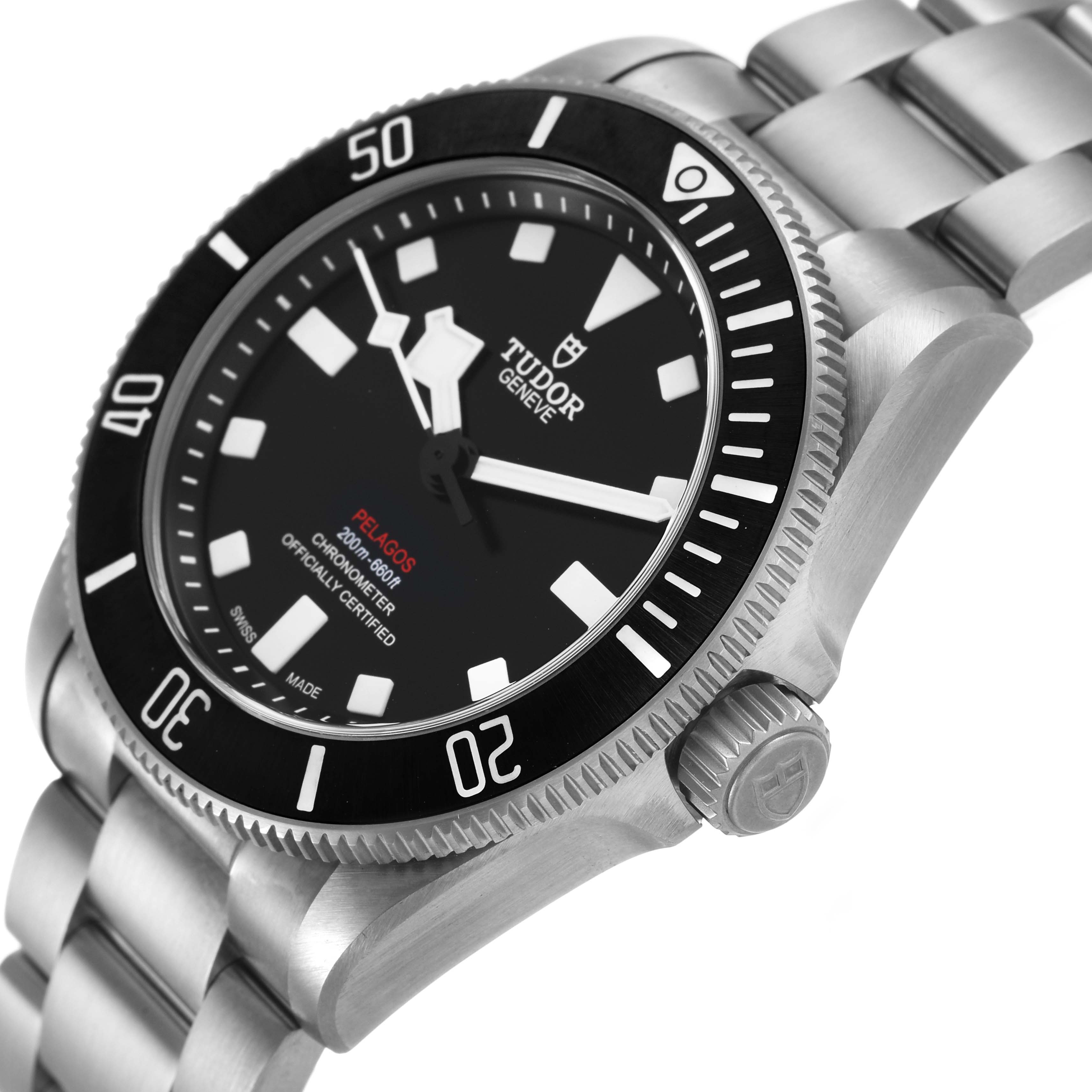 The Tudor Pelagos M25407N Men's Titanium Black Dial watch is shown at an angle highlighting its face, bezel, crown, and bracelet.