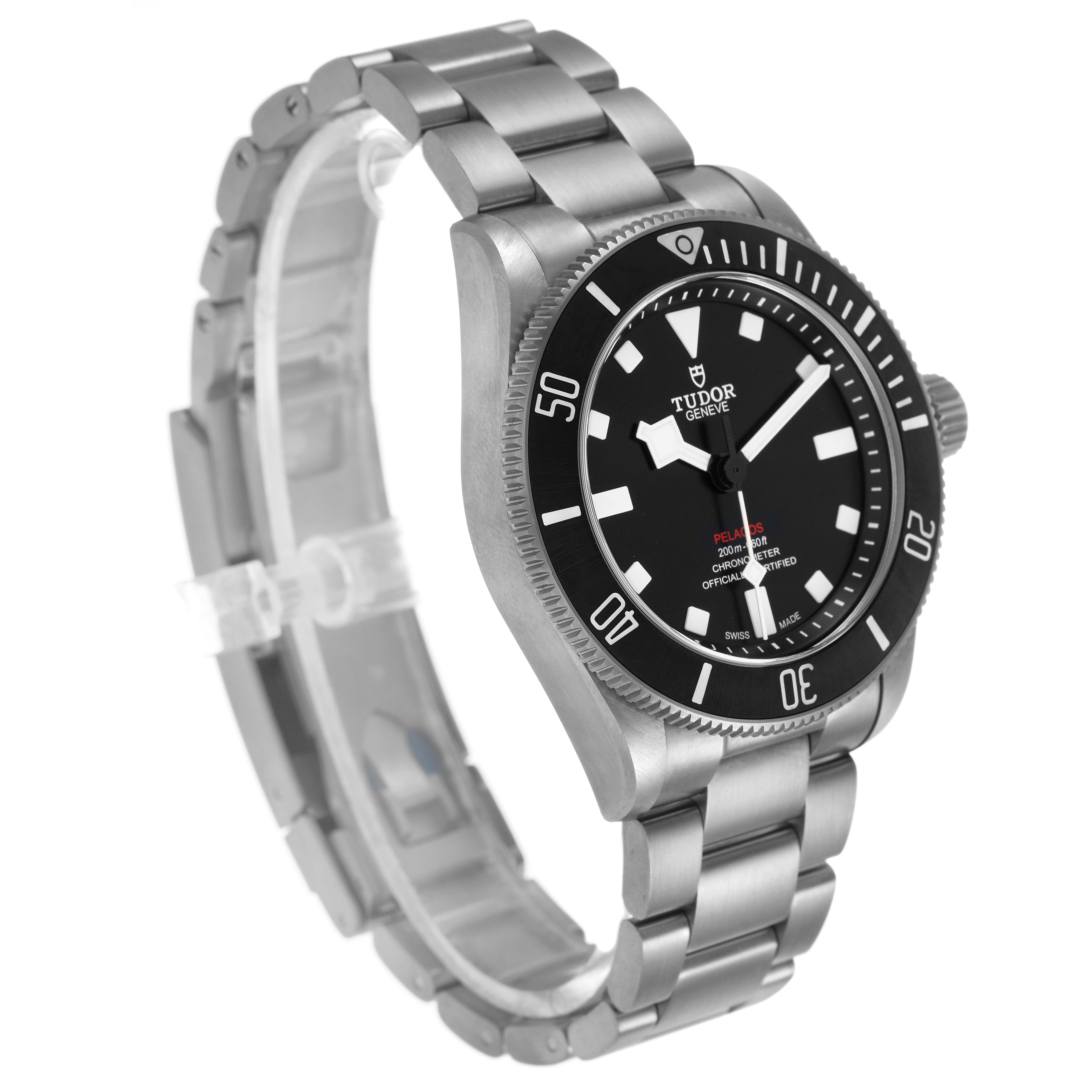 The image shows a Tudor Pelagos M25407N Men's Titanium Black Dial watch at a 3/4 angle, highlighting the face, bezel, crown, and bracelet.