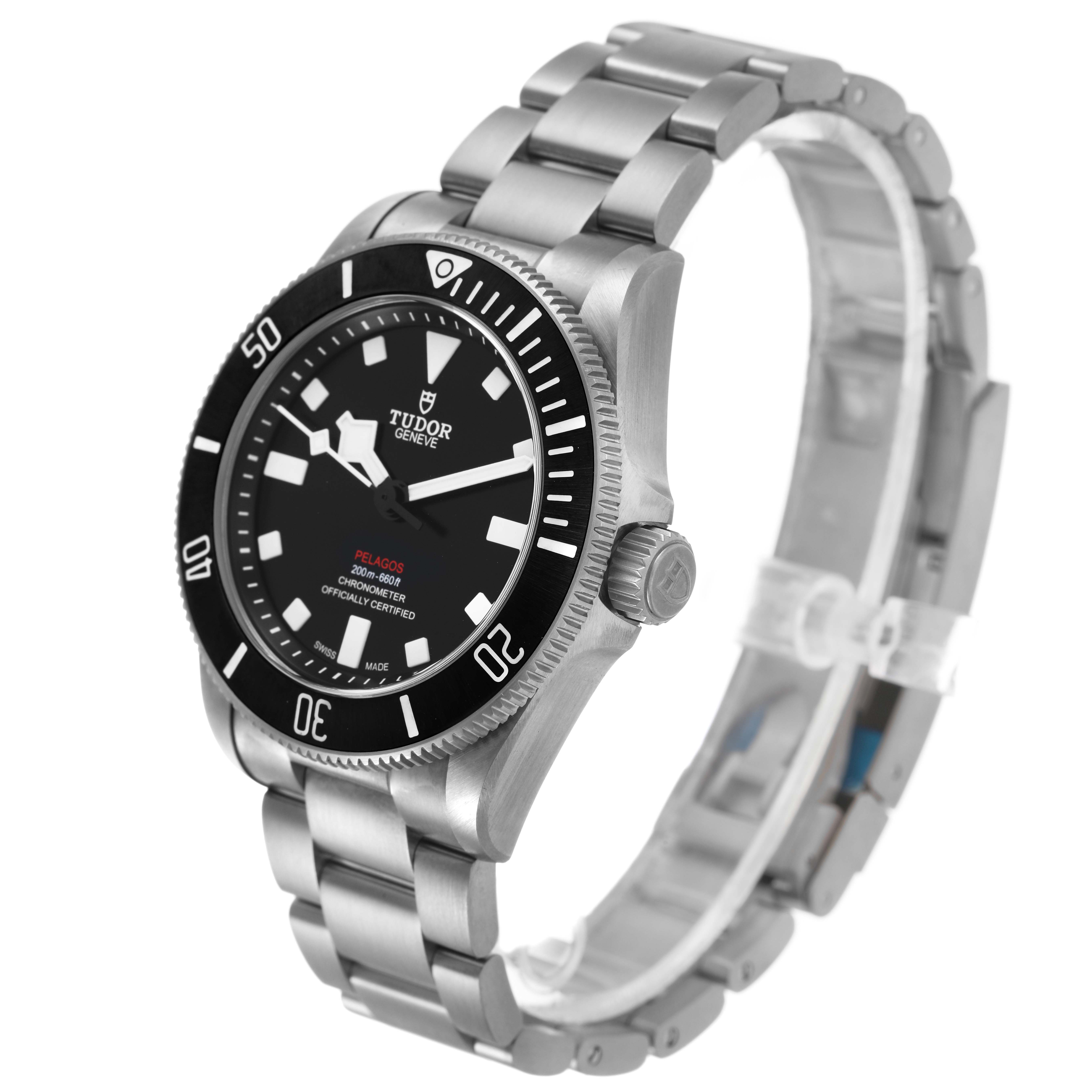 The Tudor Pelagos M25407N Men's Titanium Black Dial watch is shown at a three-quarter angle highlighting the dial, bezel, crown, and bracelet.