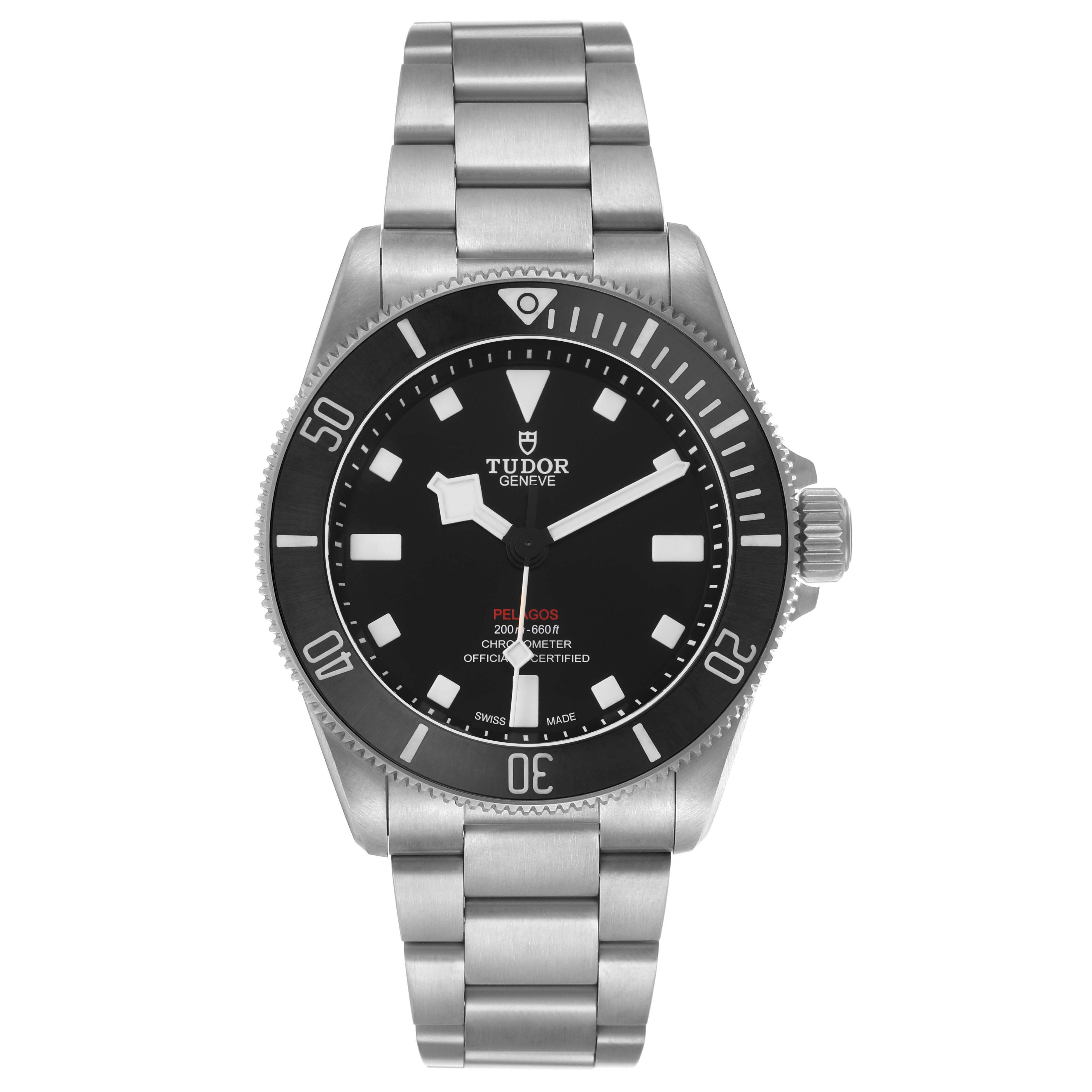The Tudor Pelagos M25407N Men's Titanium Black Dial watch is shown from a top-down angle, displaying the dial, bezel, crown, and bracelet.