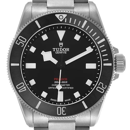 The Tudor Pelagos M25407N Men's Titanium Black Dial watch is shown from a straight-on angle, highlighting its face, bezel, and crown.