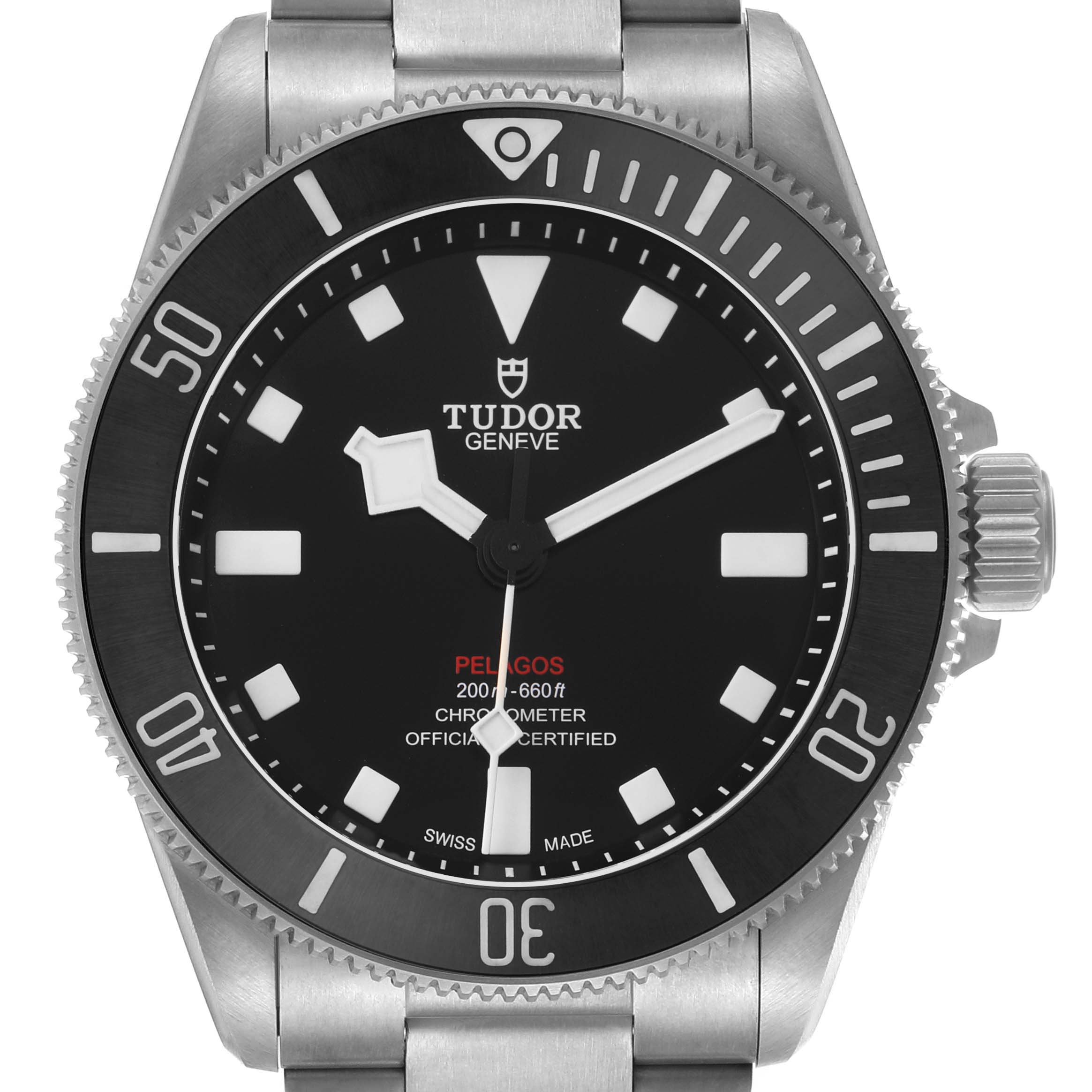 The Tudor Pelagos M25407N Men's Titanium Black Dial watch is shown front-on, displaying its dial, hands, bezel, and crown clearly.