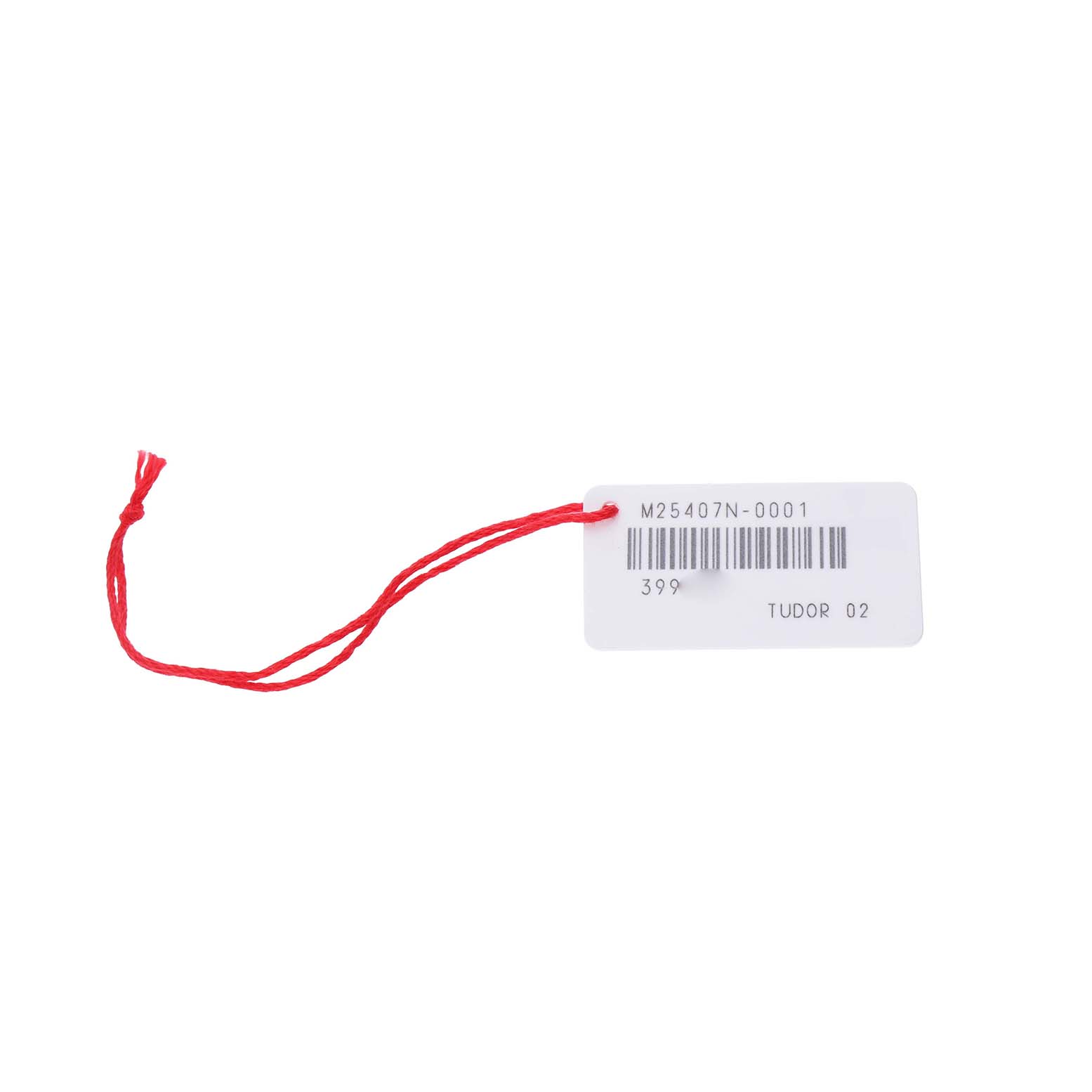 The image shows a tag with a red string for a Tudor Pelagos M25407N Men's Titanium Black Dial watch, viewed from above.