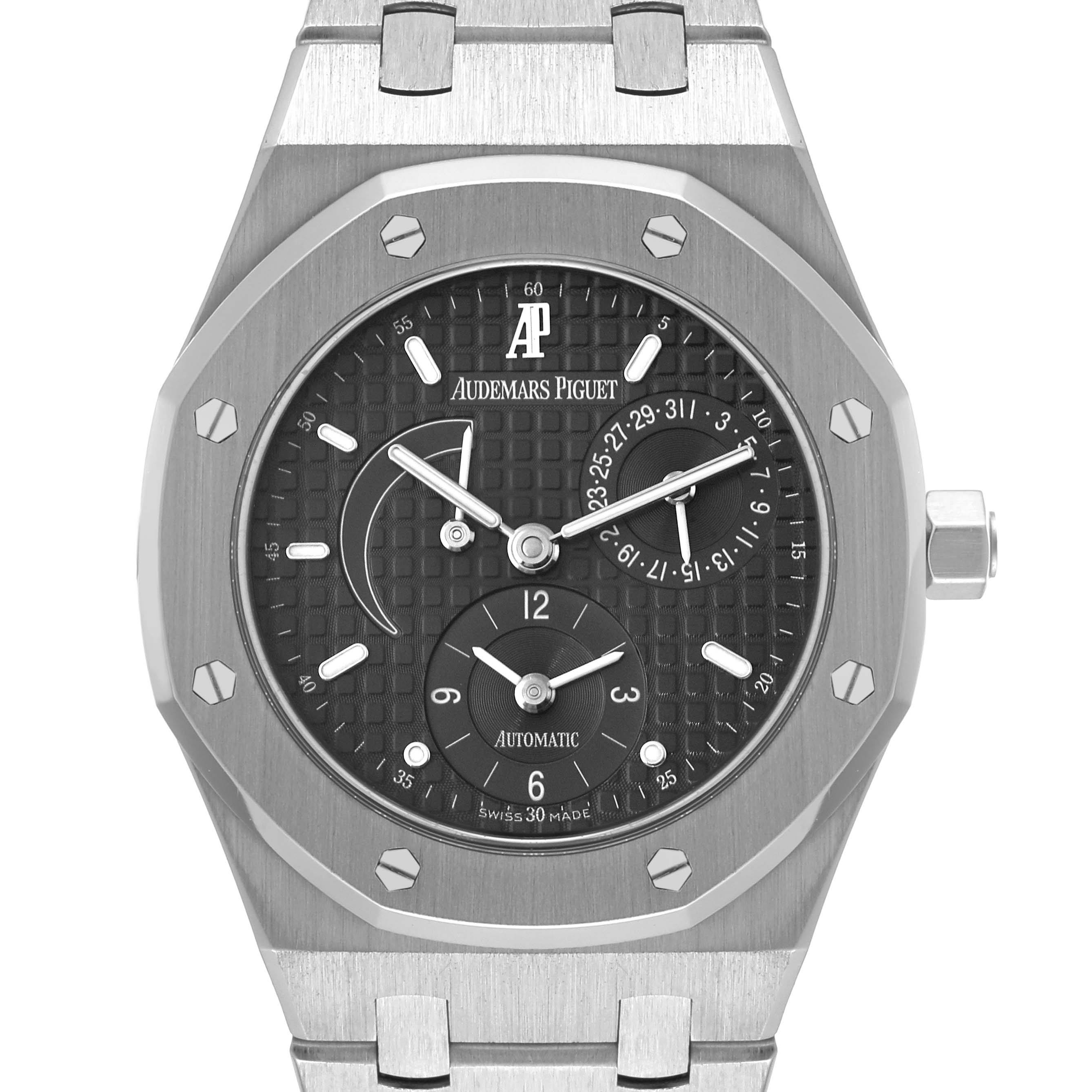 The image shows a frontal view of the Audemars Piguet Royal Oak 25730ST Men's Stainless Steel Black Dial 25730ST Men's Stainless Steel Black Dial watch, highlighting its dial, bezel, and part of its bracelet.